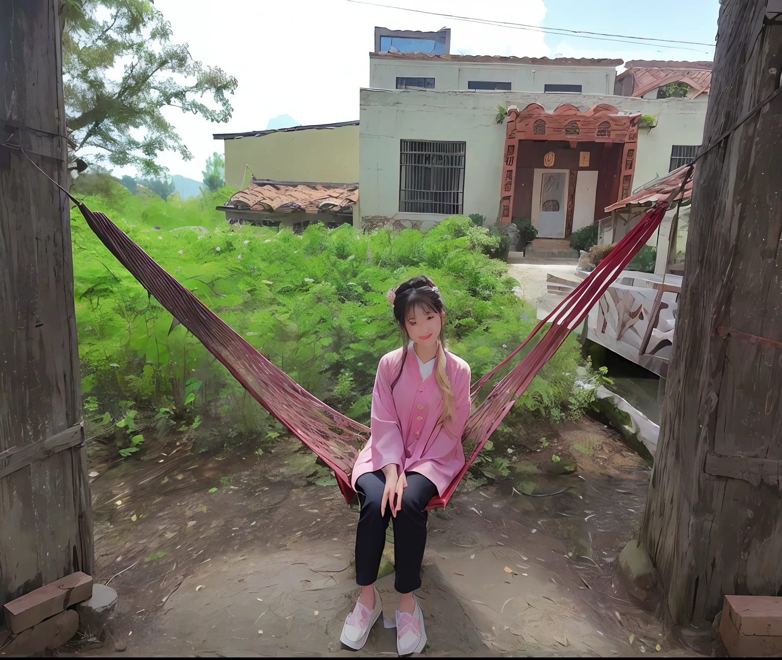 There was a woman sitting in a hammock in the yard, Li Zixin, xintong chen, On a sunny day, wide portrait, relaxing and smiling at camera, jinyiwei, author:Ann Text, wonderful masterpiece, inspired by Zhang Zongcang, zeng fanzh, mingchen shen, relaxing after a hard day, qiangshu