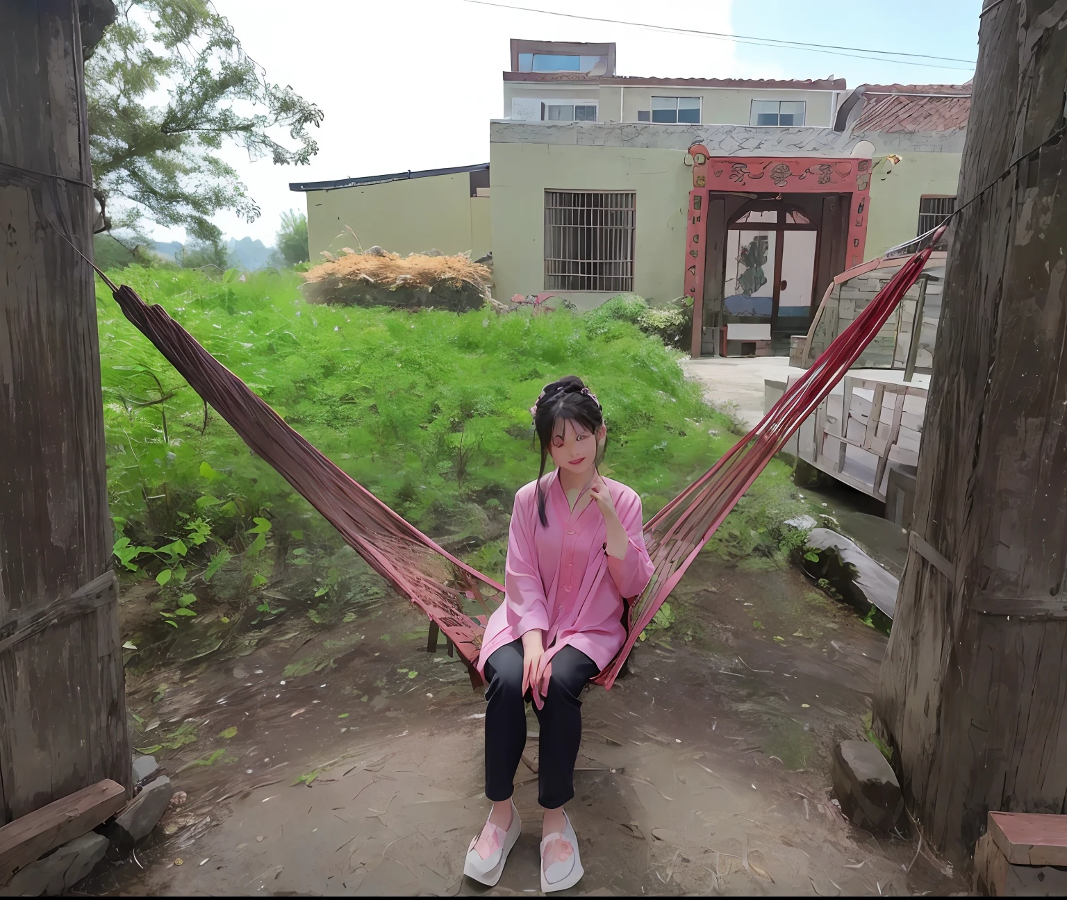 There was a woman sitting in a hammock in the yard, Li Zixin, xintong chen, On a sunny day, wide portrait, relaxing and smiling at camera, jinyiwei, author:Ann Text, wonderful masterpiece, inspired by Zhang Zongcang, zeng fanzh, mingchen shen, relaxing after a hard day, qiangshu