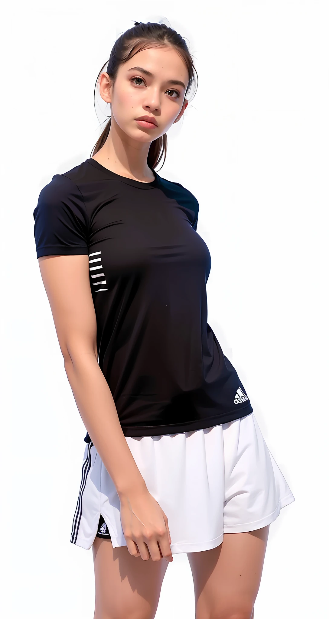 uma mulher linda de top preto e saia branca posando para uma foto, mangas curtas, tampo preto, camiseta preta, roupas esportivas, saia curta, usando uma saia curta esportiva, saia curta tem, camisa preta, usando roupas adidas, camiseta esportiva, vestindo camiseta preta, camiseta, T - Camisa, camisa preta, roupas esportivas, tennis wear, Camiseta, T-shirt preta, camiseta preta