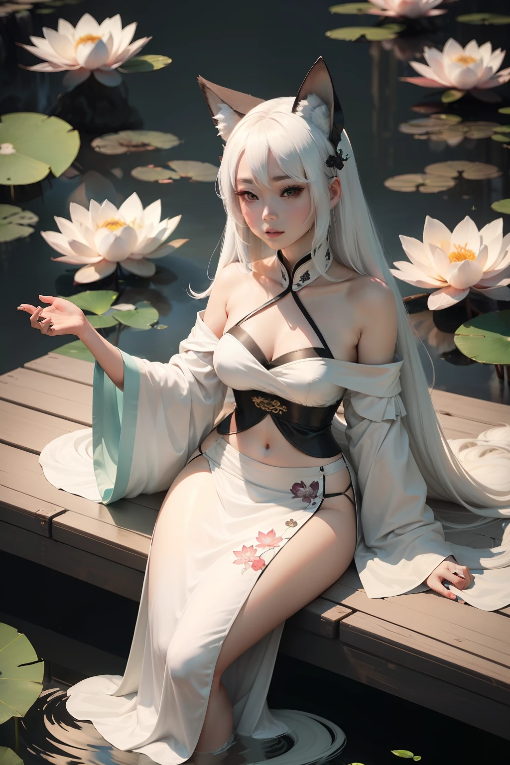 ((4k,masterpiece,best quality)), shuimobysim, Chinese painting, lotus, hanfu, maxiskit, dressed conservative 1 girl, solo, white hair, long hair, fox ears, white, bikini, fish, many fish close to the girl, looking at the audience, teasing