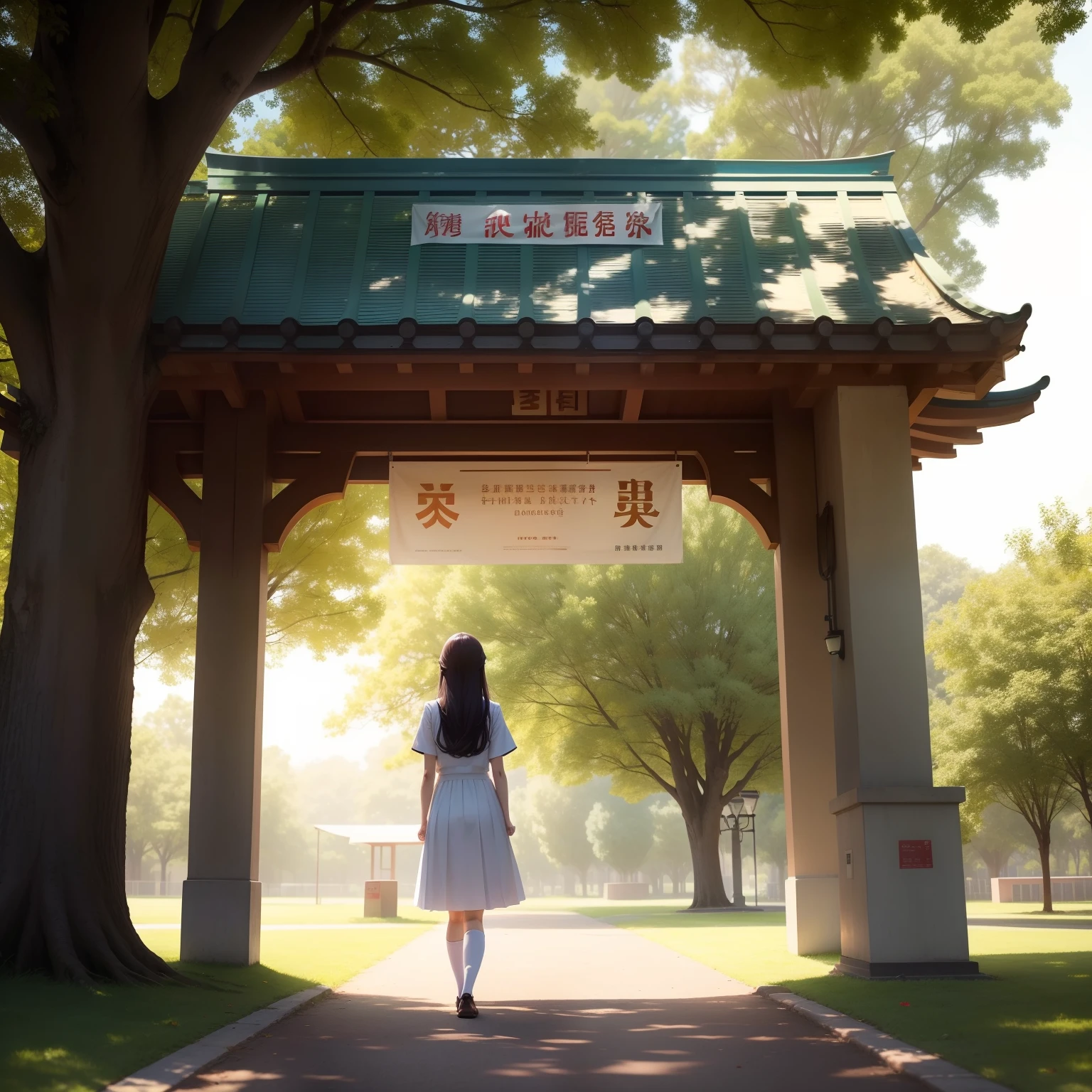 Under the shade of the trees of the campus，The setting sun reflects on the school gate。A girl in a school uniform，with long hair in takes，Stand there gracefully，Holding a cup of milk tea in his hand，She is Lin Yixin, the school flower。The background of the times is modern，This is the beginning of a campus love story。