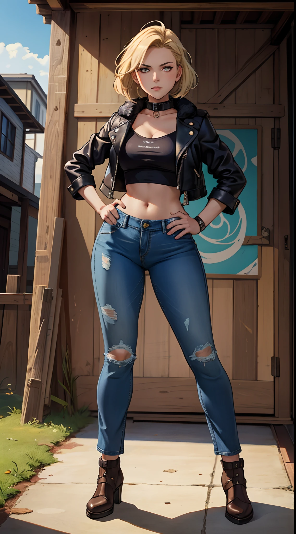 a beautiful woman with tousled blonde hair, an oval-shaped face, delicate features, slender eyes that exude a cunning expression, she wears a form-fitting leather jacket primarily in black with accents of yellow, along with a worn-out brown jacket with a furry collar on top, her lower half is clad in dark blue denim jeans, she stands casually with her hands on her hips, the character design reflects a punk-style smuggler inspired by Japanese anime design, the artwork features finely detailed character design, showcasing a mature Japanese manga artistic style, ((character concept art)), full body character drawing, high definition, best quality, ultra-detailed, extremely delicate, anatomically correct, symmetrical face, extremely detailed eyes and face, high quality eyes, creativity, RAW photo, UHD, 8k, (Natural light, professional lighting:1.2, cinematic lighting:1.5, best shadow), (masterpiece:1.5)