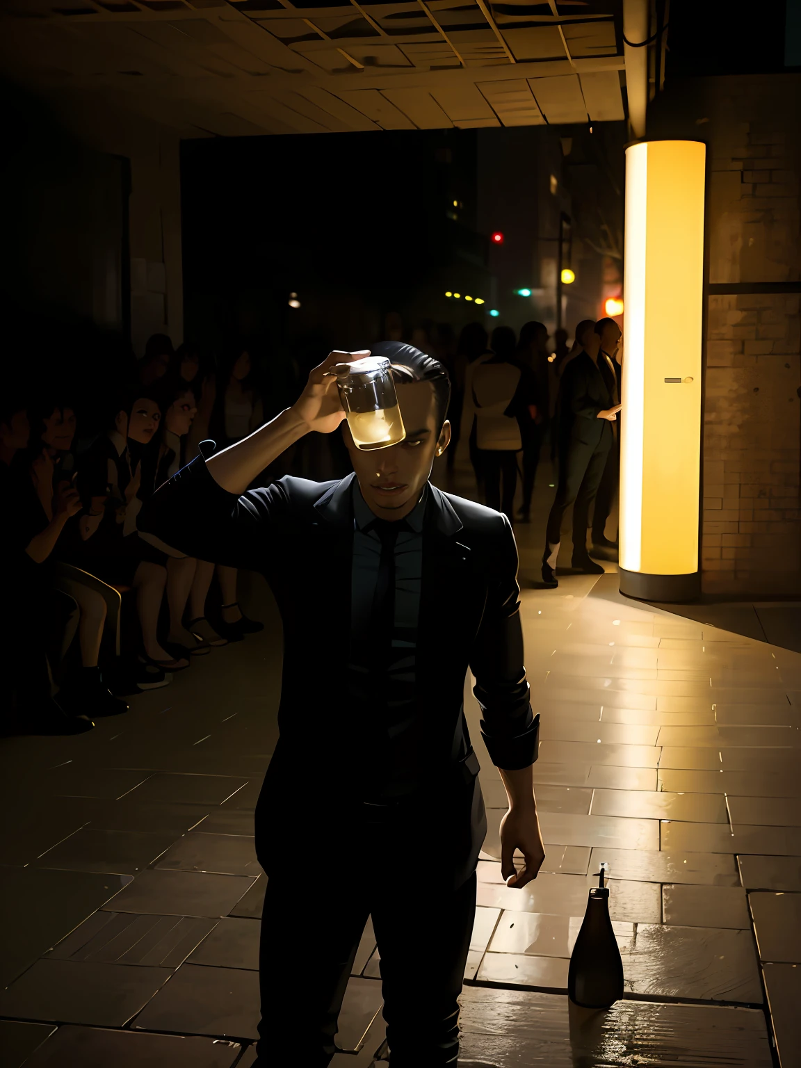 there is a man standing in the dark drinking from a bottle, full body potrait holding bottle, holding a bottle, photoshoot, holding a drink, by Nathalie Rattner, in style of petra collins, photo shoot, still from a music video, photographic still, drinking, with a drink, drunkard, harsh flash photo at night, drunk, profile shot