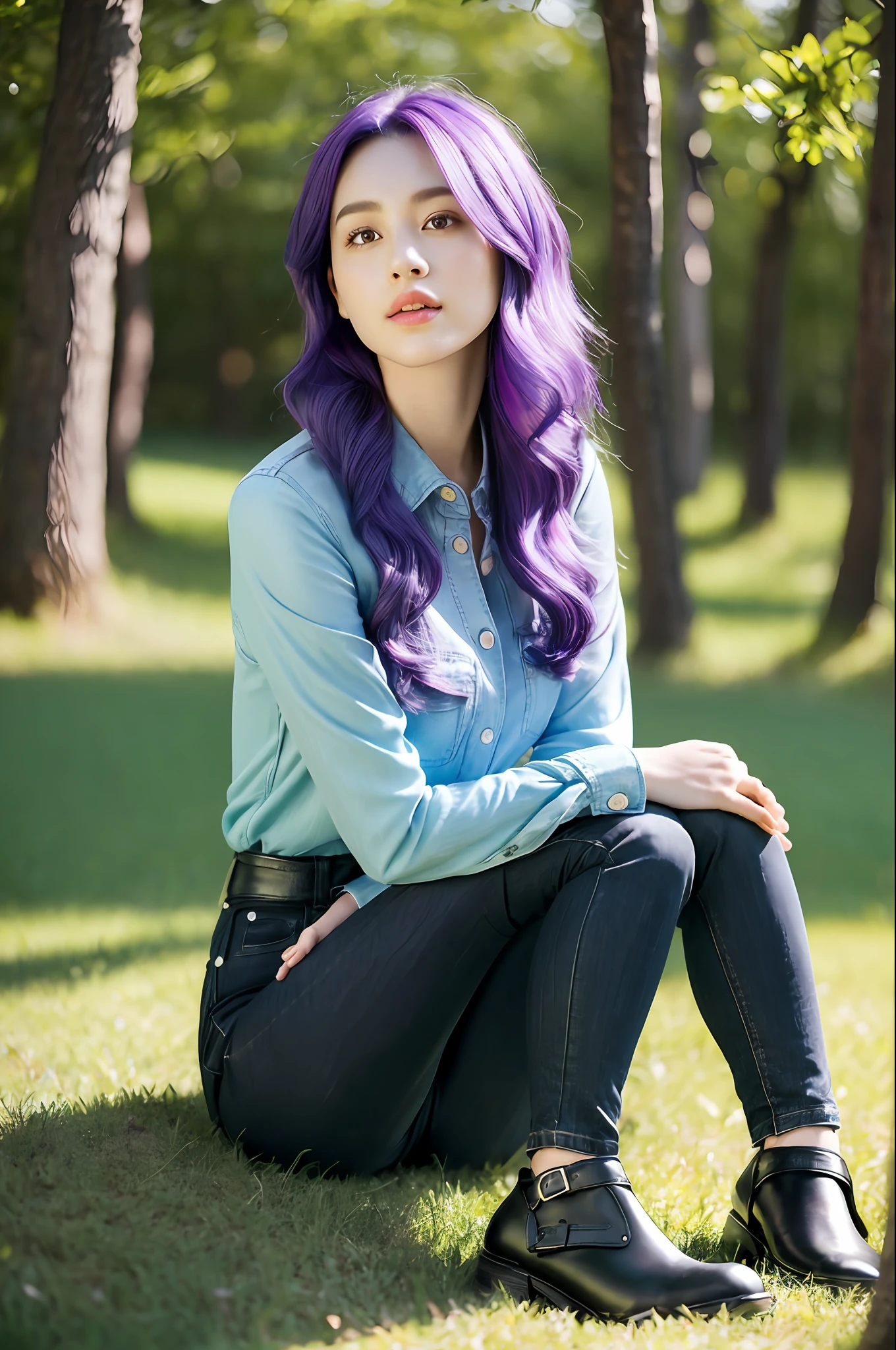 ((Best quality )), (Masterpiece) , (Extremely detailed Cg Unity 8K wallpaper),(realistic shaded) , ( Depth of field),(Sunny forest in the background ), ((asiagirl))(Detailed face:1.2),Calm face,Normal-sized chest, , Pale skin , Long_Hair , curly_Hair , (Purple hair), Long_Eyes ,Short yellow sleeves , short blue jeans, Black leather shoes,(((Full body with legs))),(((Sitting position))),((Sit down on the grass))+((Knees up))