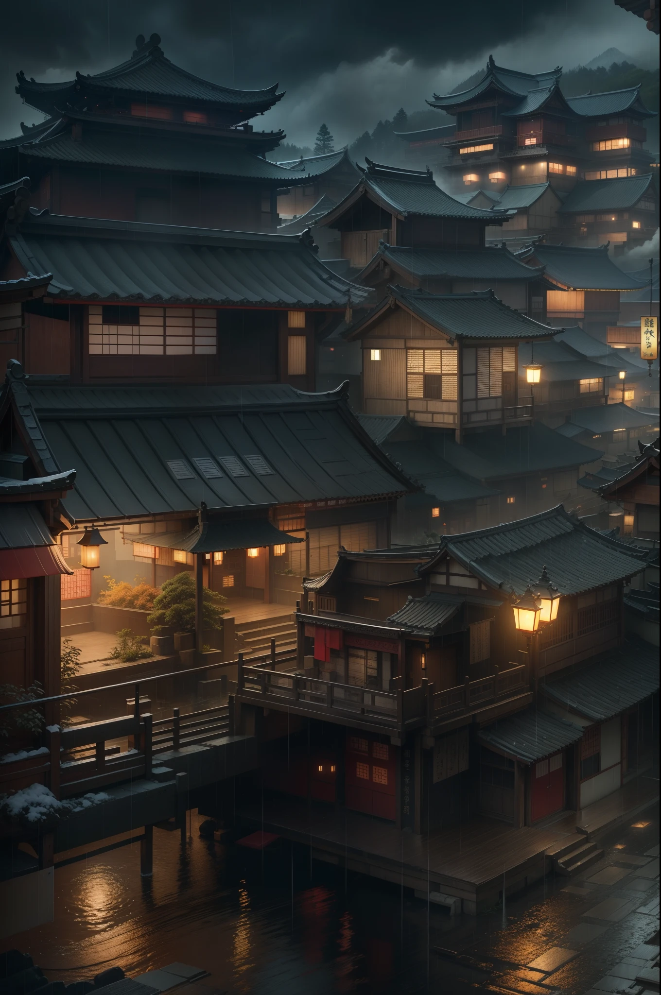 arafed view of a village with a lot of lights on the buildings, dreamy chinese town, chinese village, amazing wallpaper, japanese town, japanese village, hyper realistic photo of a town, old asian village, japanese city, by Raymond Han, rainy evening, cyberpunk chinese ancient castle, beautifully lit buildings, at evening during rain, beautiful and aesthetic, photography, cinematic, 8k, high detailed ((Heavy rain)))
