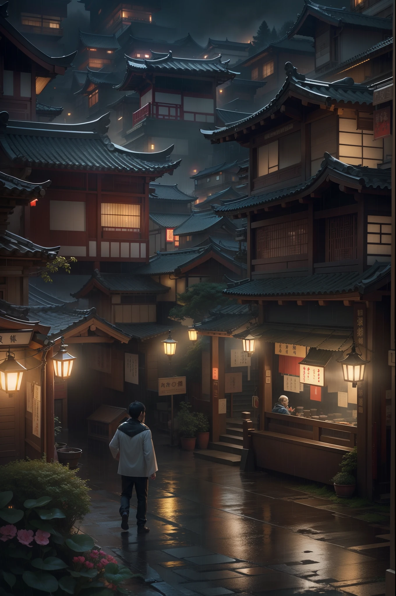 arafed view of a village with a lot of lights on the buildings, dreamy chinese town, chinese village, amazing wallpaper, japanese town, japanese village, hyper realistic photo of a town, old asian village, japanese city, by Raymond Han, rainy evening, cyberpunk chinese ancient castle, beautifully lit buildings, at evening during rain, beautiful and aesthetic, photography, cinematic, 8k, high detailed ((Heavy rain)))