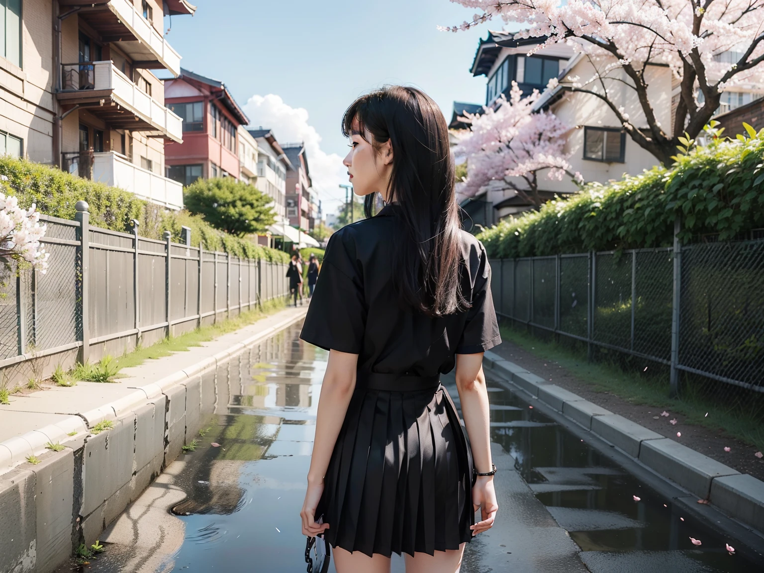 masterpiece, best quality, 1girl, black skirt, branch, building, chain-link fence, cherry blossoms, fence, long hair, outdoors, petals, pleated skirt, rain, shirt, short sleeves, skirt, solo, standing, tree, sky,street，detail in face，Back of hand to back