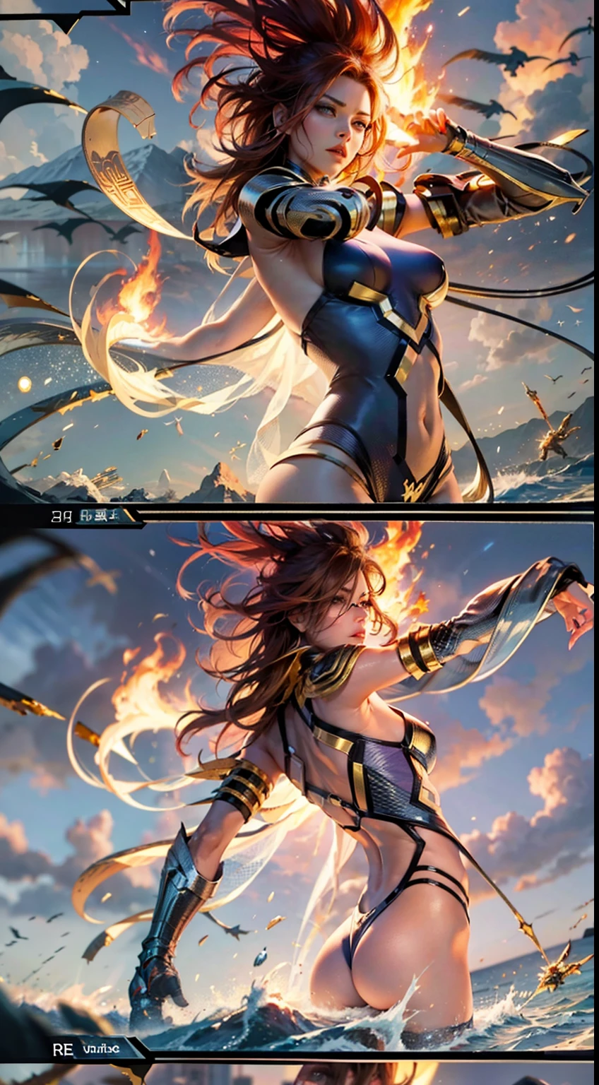 Marvel Fantastic Four, Female version of Thunder Fire,Fly in the sky,angry look,The whole body is on fire,flame magic,The body was on fire🔥,The body glows with fire,The flames spread,The fire burst into the sky,Fire,Burning figure,Fire magic effects are emitted on the hand,Mixed Chinese and American races,The background is blurred out,focal,电影灯光,(((tmasterpiece))), ((best qualtiy)), ((Complex and detailed)), ((ultra-realistic realism)), Ridiculous resolution, A MILF, Mature woman, ssee-through, highly detailed, illustratio, 1girll, (mediuml breasts), Thin waist and thick hips,long leges,beatiful detailed eyes, short detailed hair, brunette color hair, a purple eye, (Superhero uniforms:1.2), seminude,tightsuit,Sexy and feminine,perfect bodies,Sexy attire,Human flashlight,(No underwear),pantiess, detailed back ground, perfect eyes, Seductive eye, (nice hand),Detail hands,looking at viewert,From the front,Wear light,(Fantastic Four),