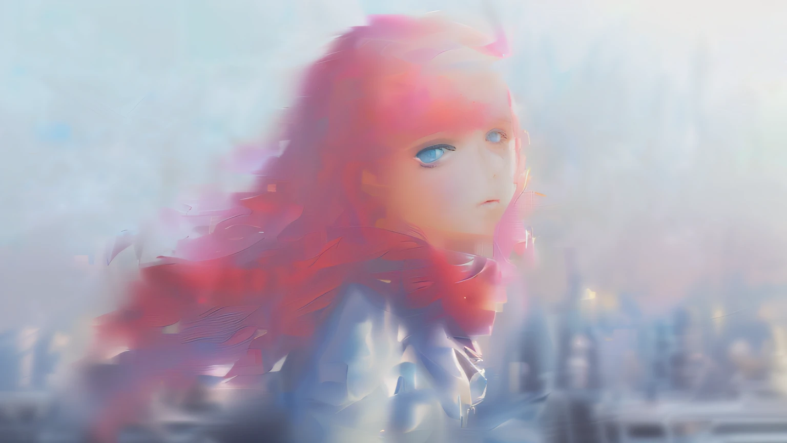 Anime girl with pink hair and blue eyes standing in front of the city, style of anime4 K, Anime style. 8K, Anime style portrait, anime art style, realistic anime artstyle, Anime art style, portrait anime girl, beautiful anime art style, In anime style, Realistic anime art style, Anime girl, in an anime style