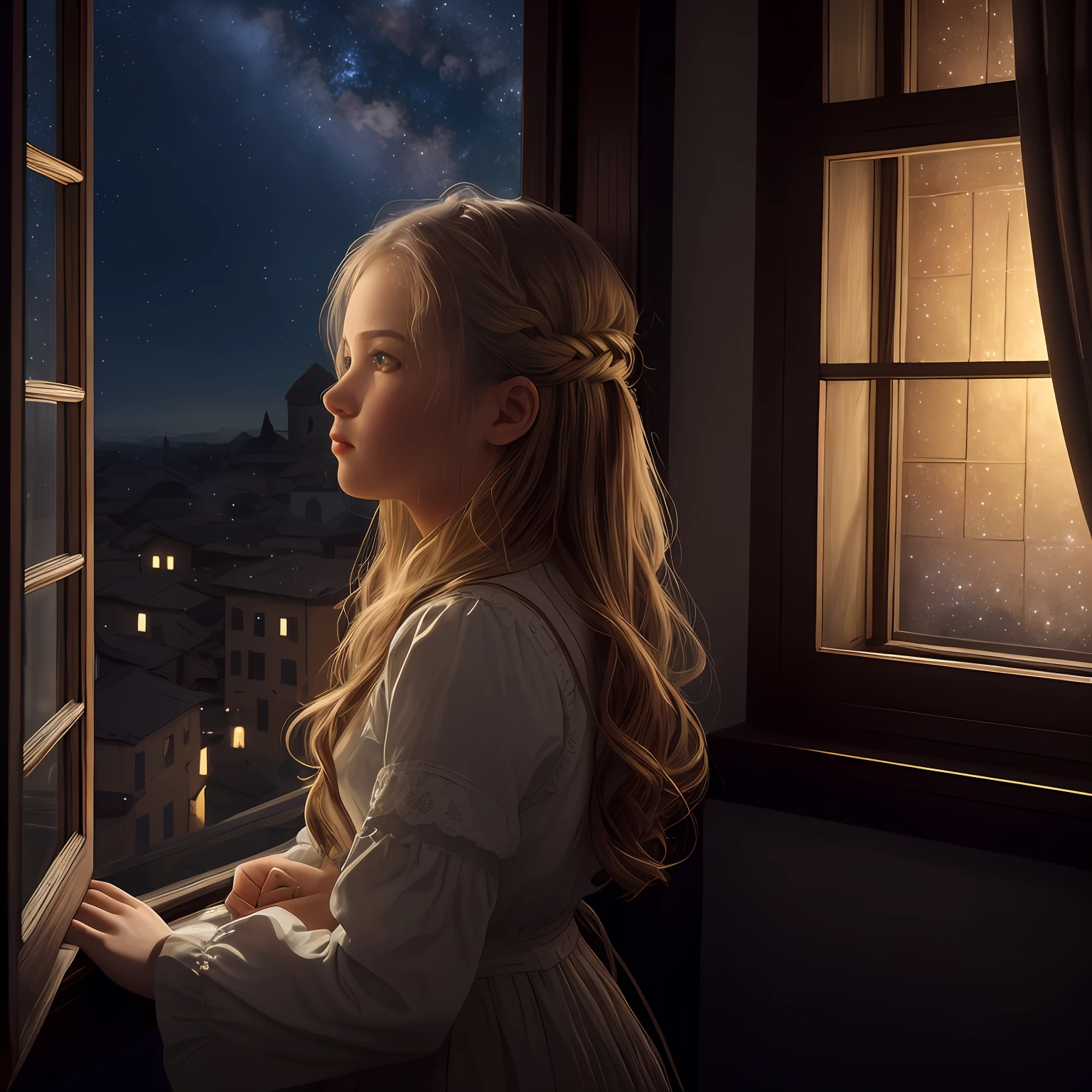 There's a young woman staring out a window at the night sky, window for the night time, olhando na janela, girl looks at the space, olhando pela janela, luz da janela, Noite de Sonho, inspirado em Evgeny Lushpin, A menina no peitoril da janela, inspirado em Sophie Anderson, atmospheric portrait, olhando pela janela, inspirado em Antonio Ciseri