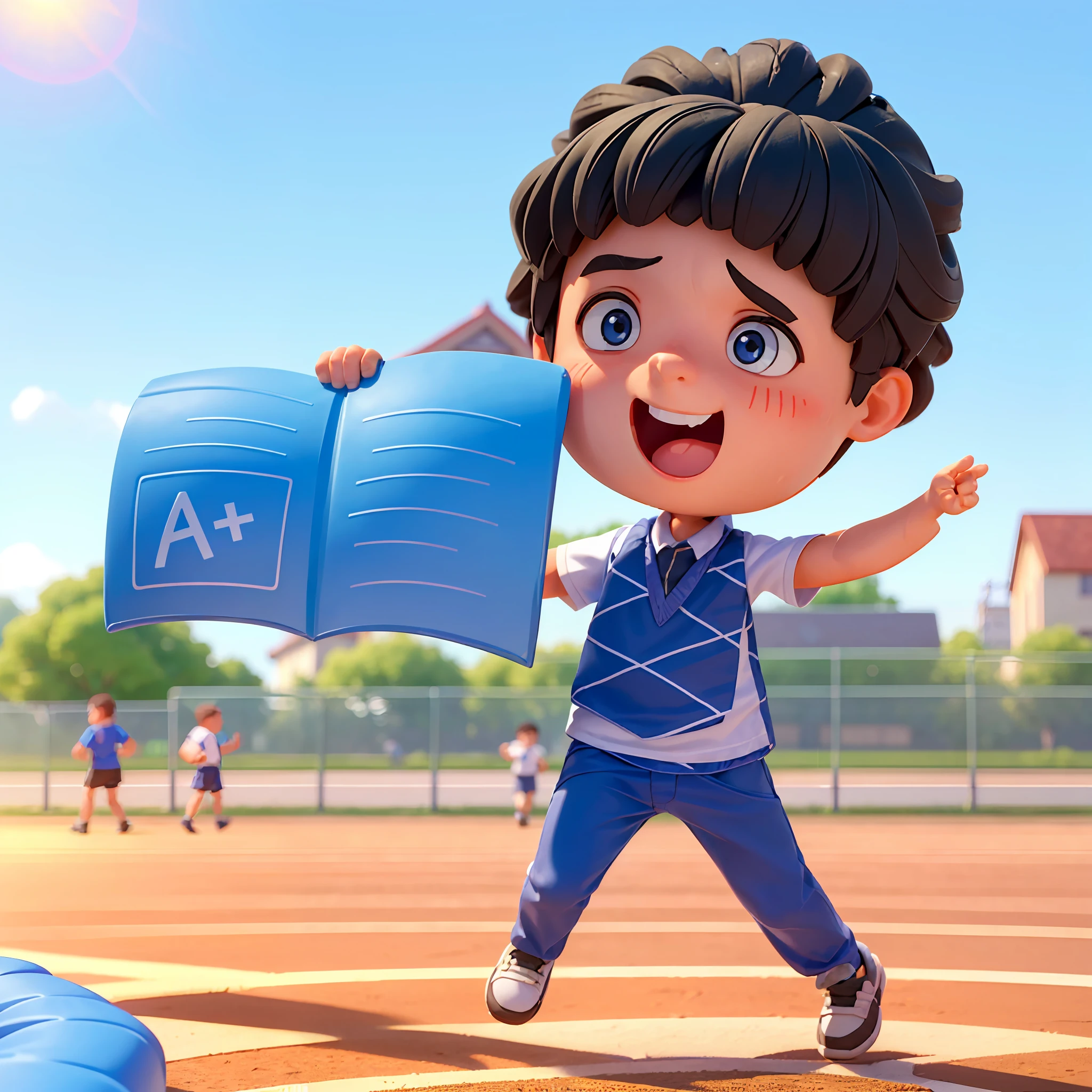 A boy (in the picture ratio 1:2), school uniform, school playground, running track, crossing the finish line, victory, joy, joy, perfect quality, clear focus, (Masterpiece: 1.2) (Realistic: 1.2) (Bokeh) (Best quality) (Detailed skin: 1.3) (Intricate details) (8K) (Detail eyes) (Sharp focus), (Happy)