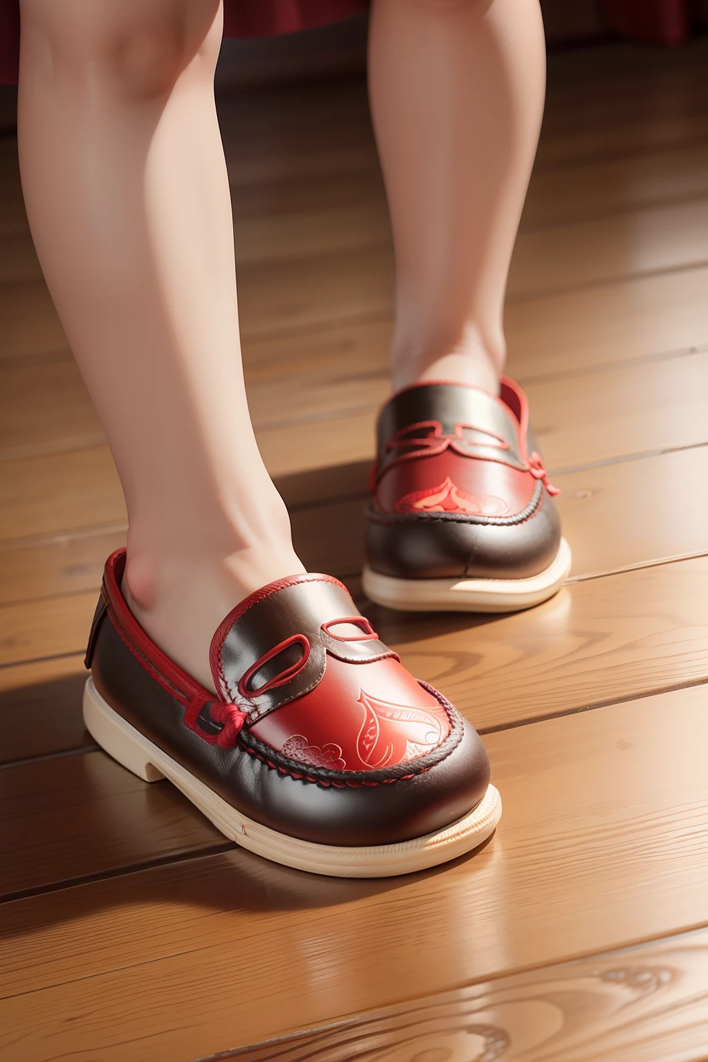 Red Chinese ethnic style 's shoes worn on the feet of a 1-year-oldy,woor,Close-up view of the feet