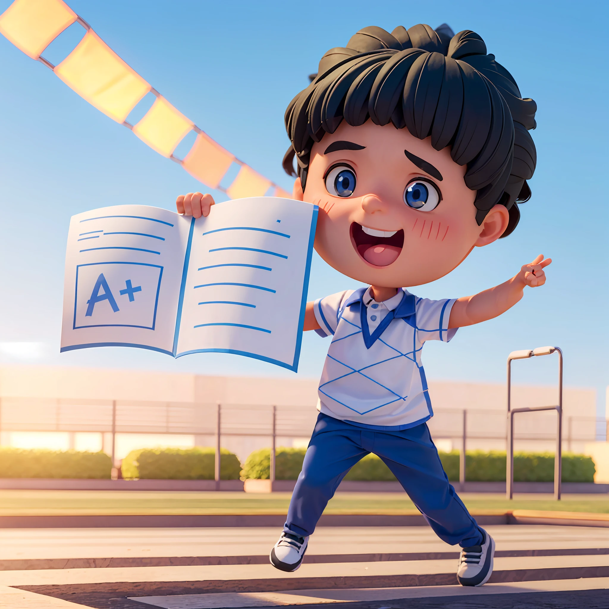 A boy (in the picture ratio 1:2), school uniform, school playground, running track, crossing the finish line, victory, joy, joy, perfect quality, clear focus, (Masterpiece: 1.2) (Realistic: 1.2) (Bokeh) (Best quality) (Detailed skin: 1.3) (Intricate details) (8K) (Detail eyes) (Sharp focus), (Happy)