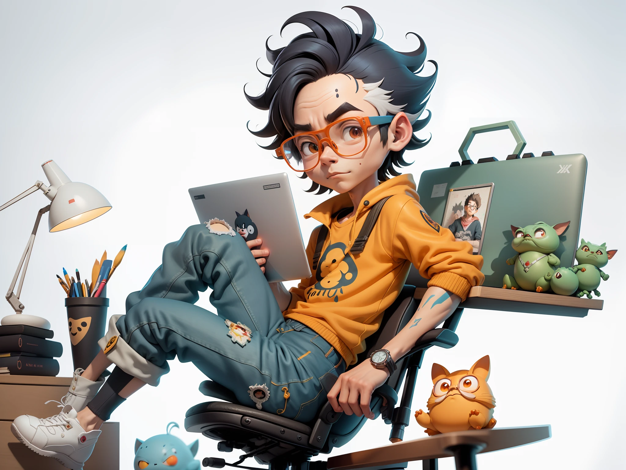 A young man with glasses sits at his desk，holding laptop，digitial painting，3D character design by Mark Clairen and Pixar and Hayao Miyazaki and Akira Toriyama，4K HD illustration，Very detailed facial features and cartoon-style visuals。