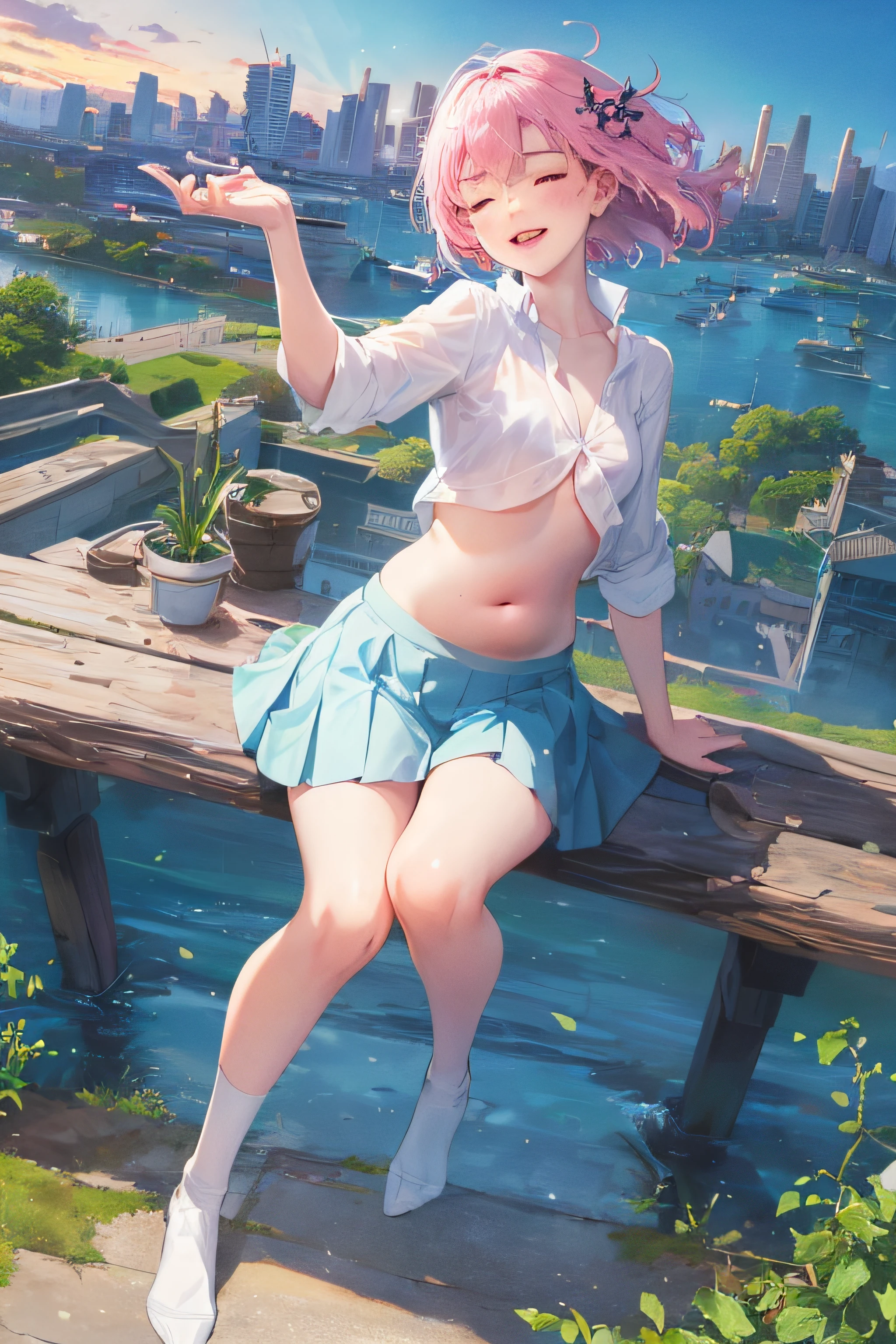 official art, masterpiece, sharp focus, (beautiful gorgeous cute chubby Korean woman:1.3), (beautiful cute korean:1.3), korean beauty, Delicate and beautiful short hair and eyes and face, realistic, ultra detailed, beautiful girl, blue sky, glow white particle, (sidelighting:1.2), sun light, white cloud, detailed clouds, slender, Lovely ((small breasts)) and very large hips, smile with teeth, ((smile with eyes, close one eyes)), scenery, long straight hair, sexy facial expression, building, (cityscape:1.7), twilight skies, dynamic hair, short straight hair, detailed platinum pink hair, glow blue eyes, (blue pleated shirts + white skirt), white long socks, pale skin, hair ornament, epic scenery, ((nipple slips)), short skirt, ((belly button)), chubby girl, kimi no nawa comet, meteor, aurora borealis, wide angle lens, low angle shot, fully skies, cherry blossom, stars, milkyway, in the roof top, opened tshirt, niple slip, topless