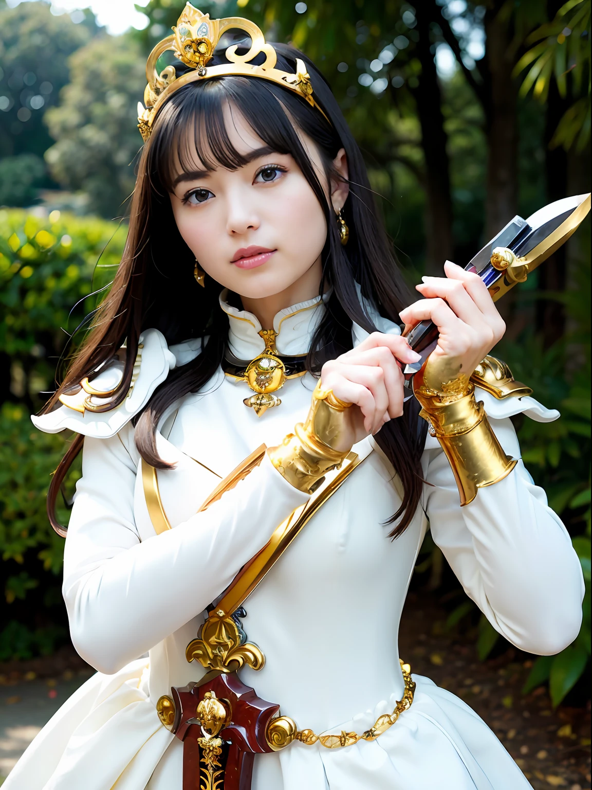 (masutepiece), Professional , masterpiece、top-quality、photos realistic , depth of fields (Gemstone Silver Metal Body:1.9),(Matte White、Jewel Gold Weapon(Jewel Metal Body:1.4),Gorgeous metal weapons , Detailed Sword of the Brave , Beautiful knife ,warhammer 40k , adepta sororitas,Detail and ornate jewel crown、Black hair、Gangle's forest background、Beautiful Caucasian beauty、1a person、dynamic ungle,(((Detailed and ornate diamond crown)))、Smaller head、A smile、Take a sexy pose、Background inside the castle、Thin and beautiful female hands、