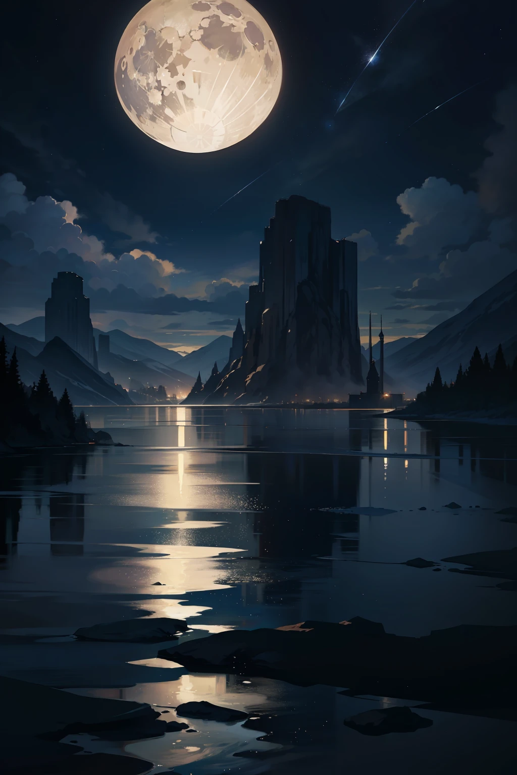 A painting of a river with stars and moon in the sky, concept art inspired by Tosa Mitsuoki, pixiv contest winner, best quality, fantasy art, beautiful anime scene, a bright moon, moonlit starry environment, dream painting, Anime Background Art, Fantasy Landscape Art, Fantasy Night, Anime Background, Background Artwork, Fantastic Art, Atmospheric Anime, Starry Sky, Detail Enhanced.