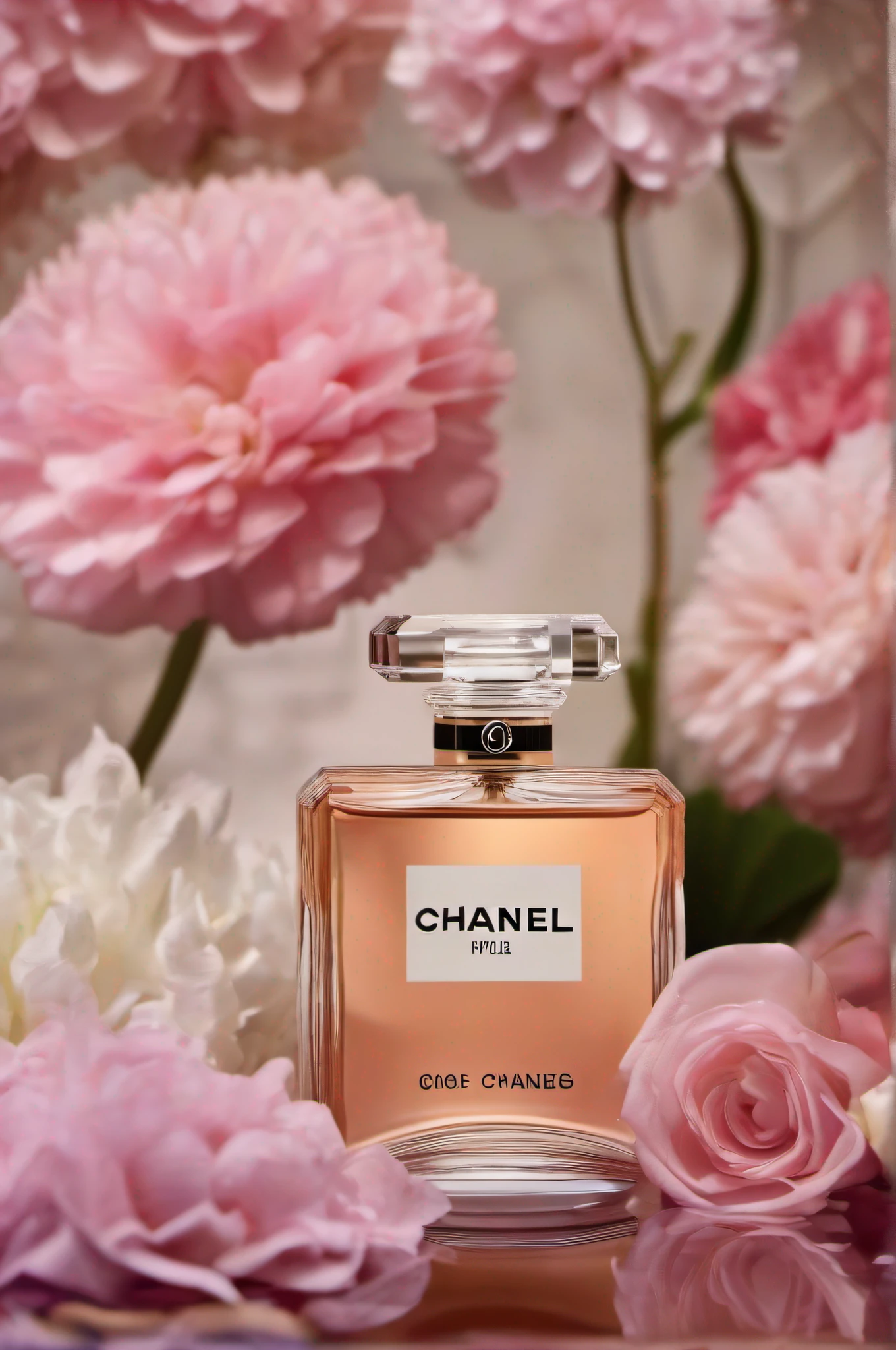 Chanel perfume product picture，（Perfume set among flowers）tmasterpiece，The best picture quality ，（Realiy）（Studio lighting）（（The trademark is clear in English））