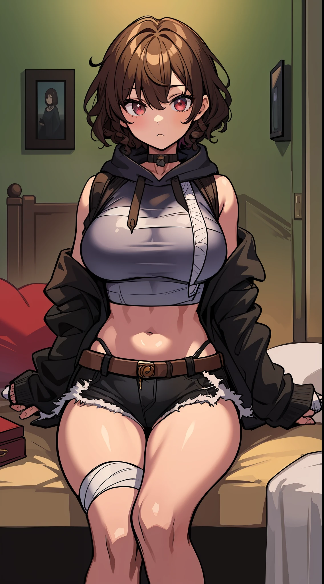 masterpiece,(bestquality),highlydetailed,ultra-detailed, short shorts:0.5, hoodie, short hair:0.7, curly_hair:0.3, bandages, holding_hands, gentle:0.8, older sister, large bust:0.5