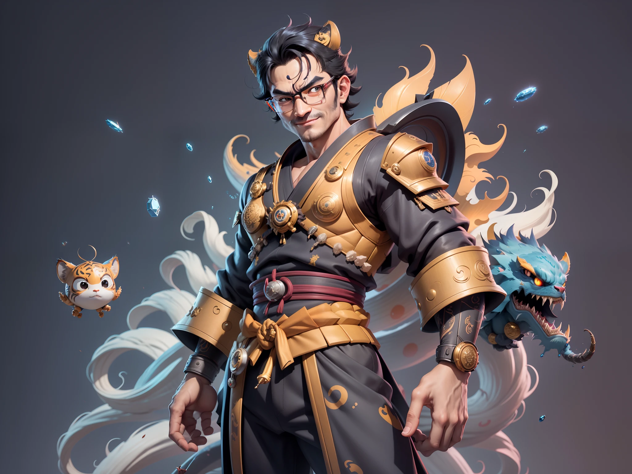 (Masterpiece), (Excellent), (Super Meticulous), (Full Body: 1.2), Super Young Man with Japanese Female Geisha, Pretty, Beautiful, Chinese Dragon, Tiger, Wind God Thor, Sexy, Bursting, Oriental Face, TV Anchor, Bust Portrait Illustration, Black Suit, Blue Tie, Slightly Chubby Face, Silver Glasses, Very Clean Face, No Beard on Chin, Black Super Short Hair, Black Eyes, Confident Smile, 3c Computer Sub-Products, iPad, iPhone, Digital Painting, 3D character design by Mark Clairedon and Pixar and Hayao Miyazaki and Akira Toriyama, the illustrations are HD illustrations in 4K resolution with highly detailed facial features and cartoon-style visuals.
