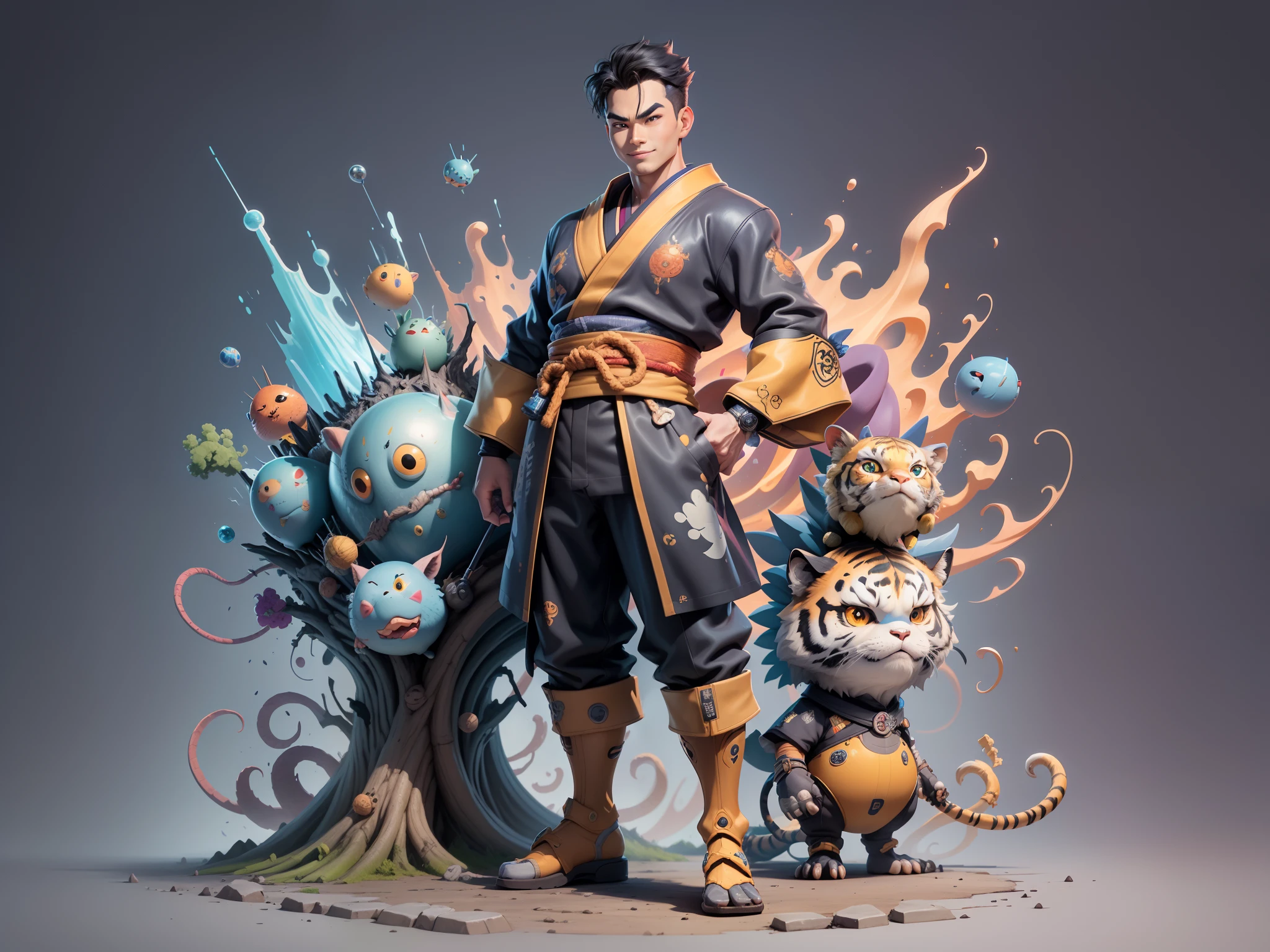 (Masterpiece), (Excellent), (Super Meticulous), (Full Body: 1.2), Super Young Man, Oriental Face, Japanese Kimono, Japanese Wind Thunder God, Dragon, Tiger, TV Anchor, Bust Portrait Illustration, Alone, Black Suit, Blue Tie, Slightly Chubby Face, Very Clean Face, No Beard, Black Super Short Hair, Black Eyes, Confident Smile, 3c Computer Sub-Products, iPad, iPhone, Digital Painting, 3D Character Design by Akira Toriyama and Mark Claireden and Pixar and Hayao Miyazaki, The illustration is a high-definition illustration in 4K resolution with very detailed facial features and cartoon-style visuals.