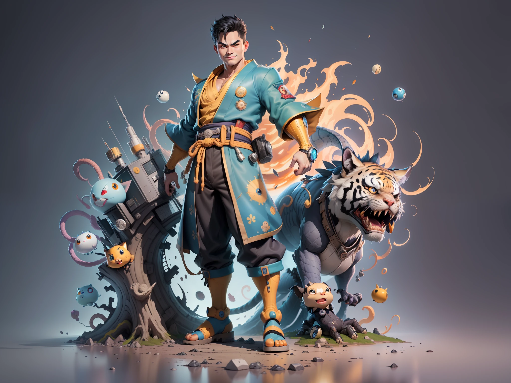 (Masterpiece), (Excellent), (Super Meticulous), (Full Body: 1.2), Super Young Man, Oriental Face, Japanese Kimono, Japanese Wind Thunder God, Dragon, Tiger, TV Anchor, Bust Portrait Illustration, Alone, Black Suit, Blue Tie, Slightly Chubby Face, Very Clean Face, No Beard, Black Super Short Hair, Black Eyes, Confident Smile, 3c Computer Sub-Products, iPad, iPhone, Digital Painting, 3D Character Design by Akira Toriyama and Mark Claireden and Pixar and Hayao Miyazaki, The illustration is a high-definition illustration in 4K resolution with very detailed facial features and cartoon-style visuals.
