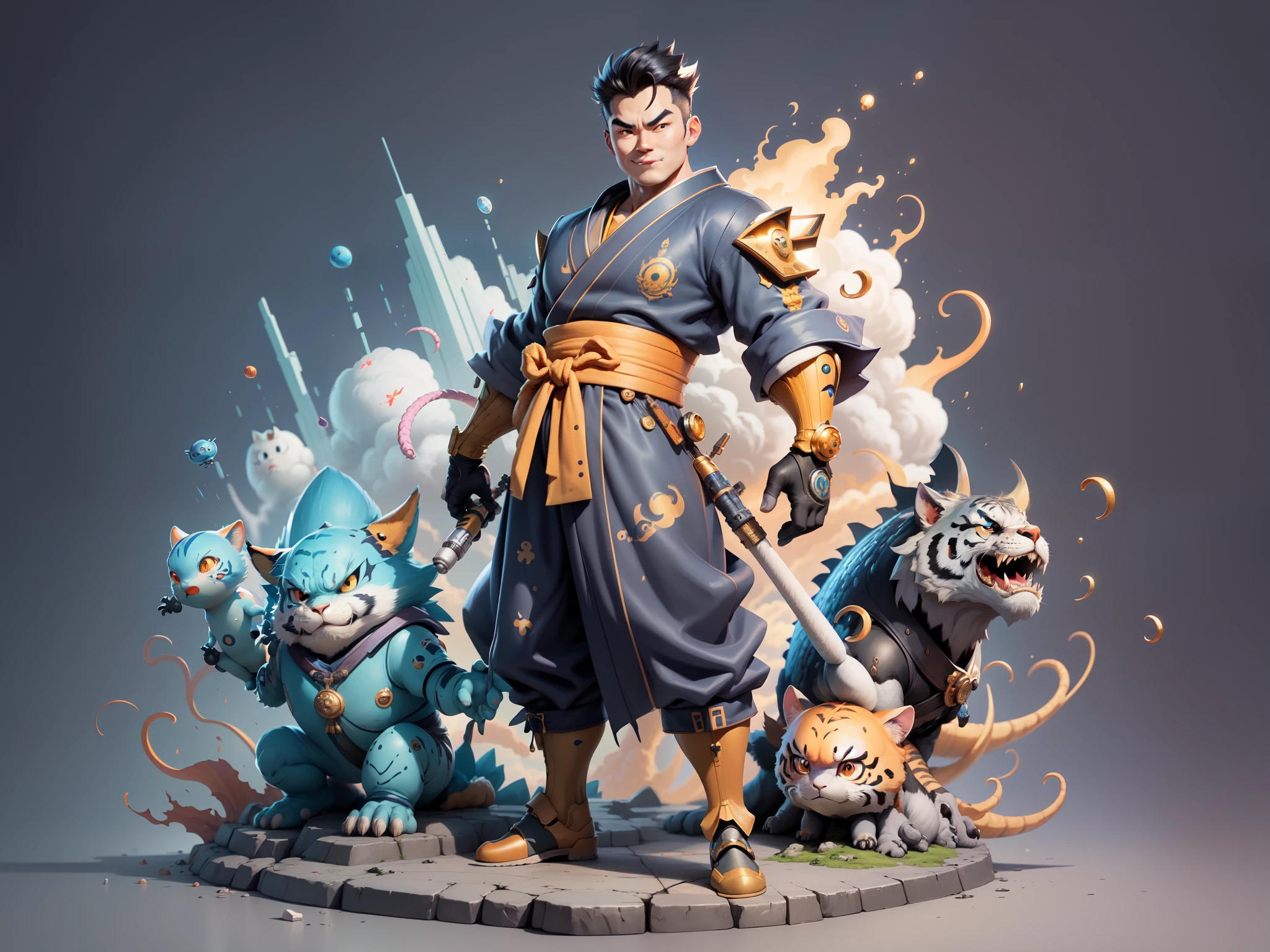 (Masterpiece), (Excellent), (Super Meticulous), (Full Body: 1.2), Super Young Man, Oriental Face, Japanese Kimono, Japanese Wind Thunder God, Dragon, Tiger, TV Anchor, Bust Portrait Illustration, Alone, Black Suit, Blue Tie, Slightly Chubby Face, Very Clean Face, No Beard, Black Super Short Hair, Black Eyes, Confident Smile, 3c Computer Sub-Products, iPad, iPhone, Digital Painting, 3D Character Design by Akira Toriyama and Mark Claireden and Pixar and Hayao Miyazaki, The illustration is a high-definition illustration in 4K resolution with very detailed facial features and cartoon-style visuals.
