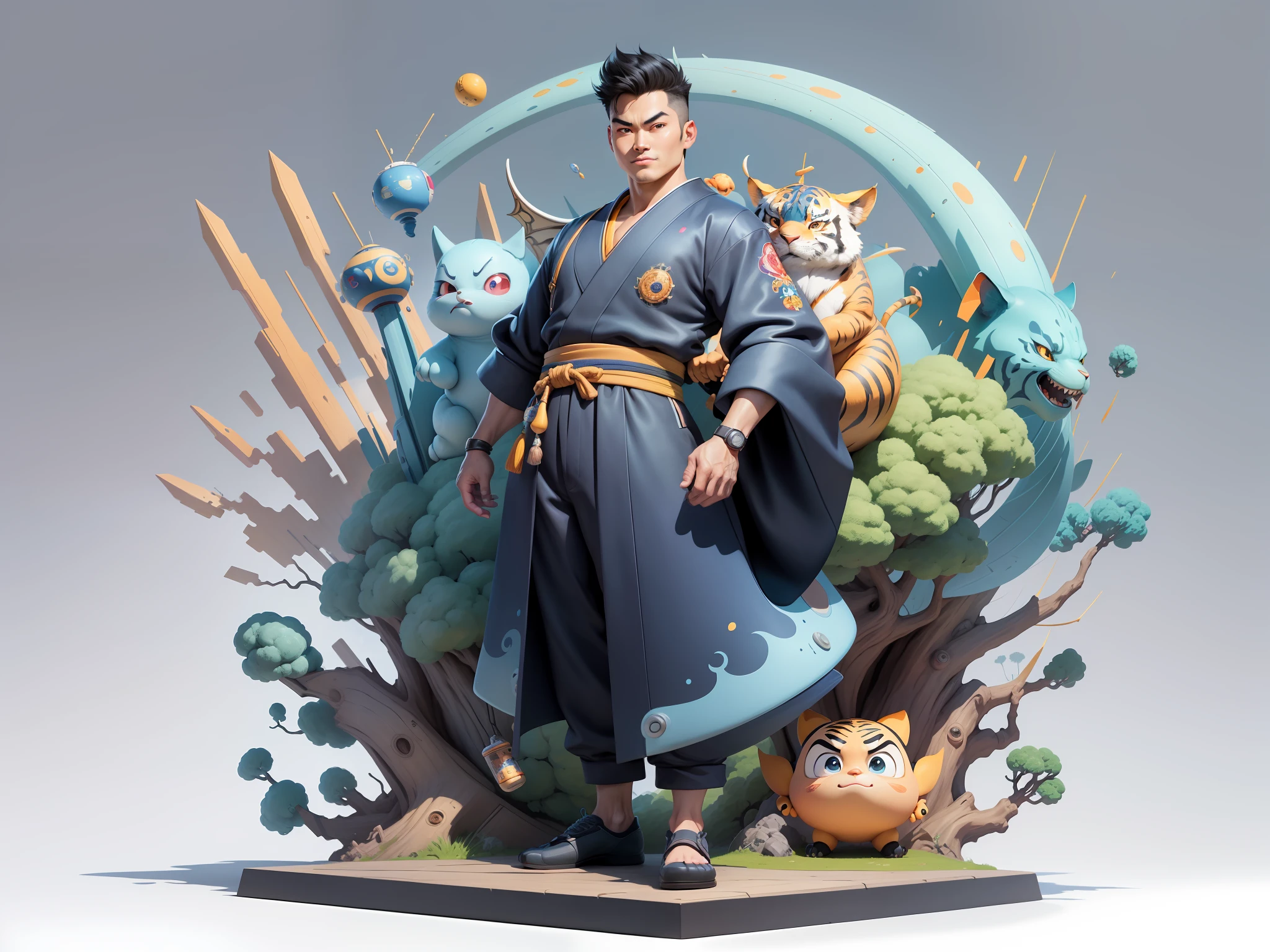 (Masterpiece), (Excellent), (Super Meticulous), (Full Body: 1.2), Super Young Man, Oriental Face, Japanese Kimono, Japanese Wind Thunder God, Dragon, Tiger, TV Anchor, Bust Portrait Illustration, Alone, Black Suit, Blue Tie, Slightly Chubby Face, Very Clean Face, No Beard, Black Super Short Hair, Black Eyes, Confident Smile, 3c Computer Sub-Products, iPad, iPhone, Digital Painting, 3D Character Design by Akira Toriyama and Mark Claireden and Pixar and Hayao Miyazaki, The illustration is a high-definition illustration in 4K resolution with very detailed facial features and cartoon-style visuals.