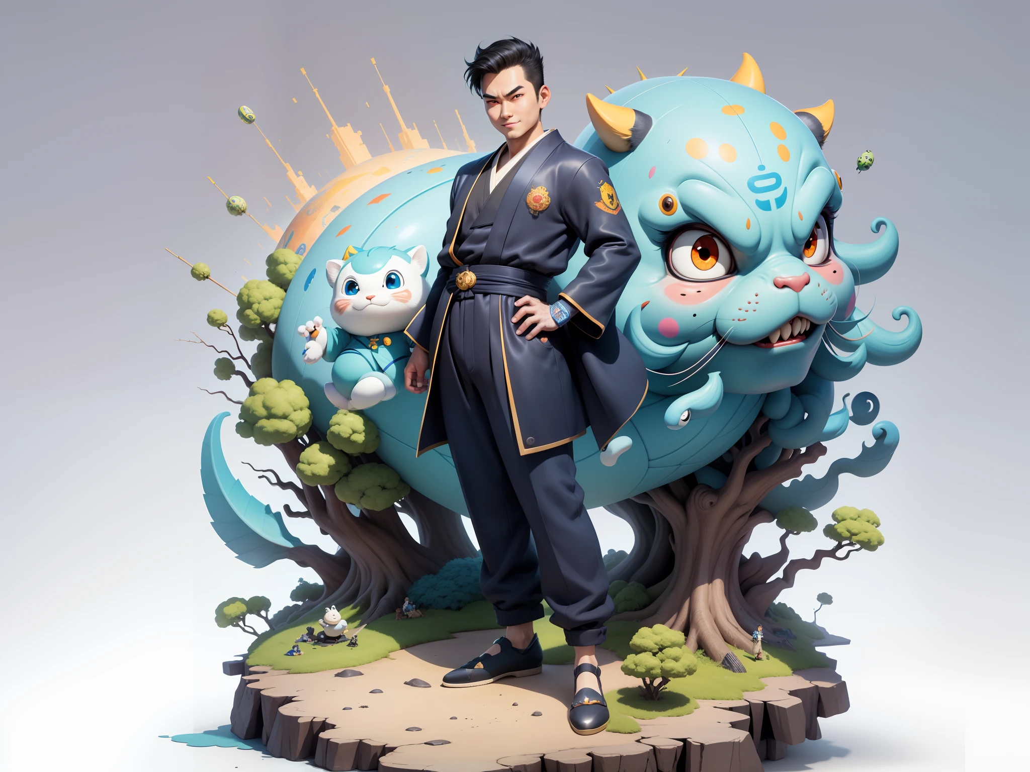 (Masterpiece), (Excellent), (Super Meticulous), (Full Body: 1.2), Super Young Man, Oriental Face, Japanese Kimono, Japanese Wind Thunder God, Dragon, Tiger, TV Anchor, Bust Portrait Illustration, Alone, Black Suit, Blue Tie, Slightly Chubby Face, Very Clean Face, No Beard, Black Super Short Hair, Black Eyes, Confident Smile, 3c Computer Sub-Products, iPad, iPhone, Digital Painting, 3D Character Design by Akira Toriyama and Mark Claireden and Pixar and Hayao Miyazaki, The illustration is a high-definition illustration in 4K resolution with very detailed facial features and cartoon-style visuals.