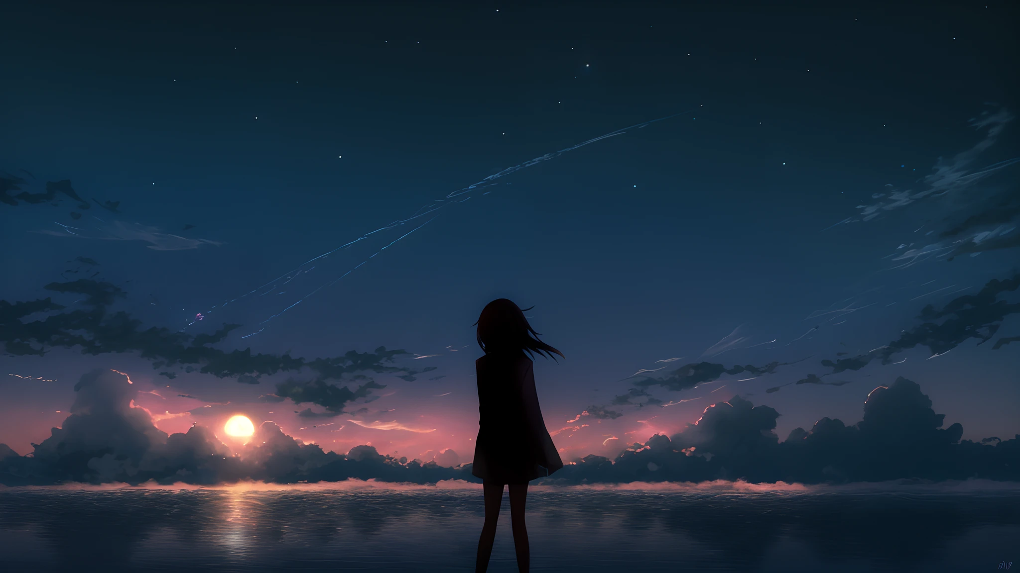 Anime girl looking at the sky at night,The background is the moon, 4K anime wallpaper, Makoto Shinkai Cyril Rolando, Anime art wallpaper 8 K, Cosmos Sky. By Makoto Shinkai, Anime girl walking on water, watching the sunset. anime big breast, Anime art wallpaper 4k, Anime art wallpaper 4 K, Anime wallpaper 4K
