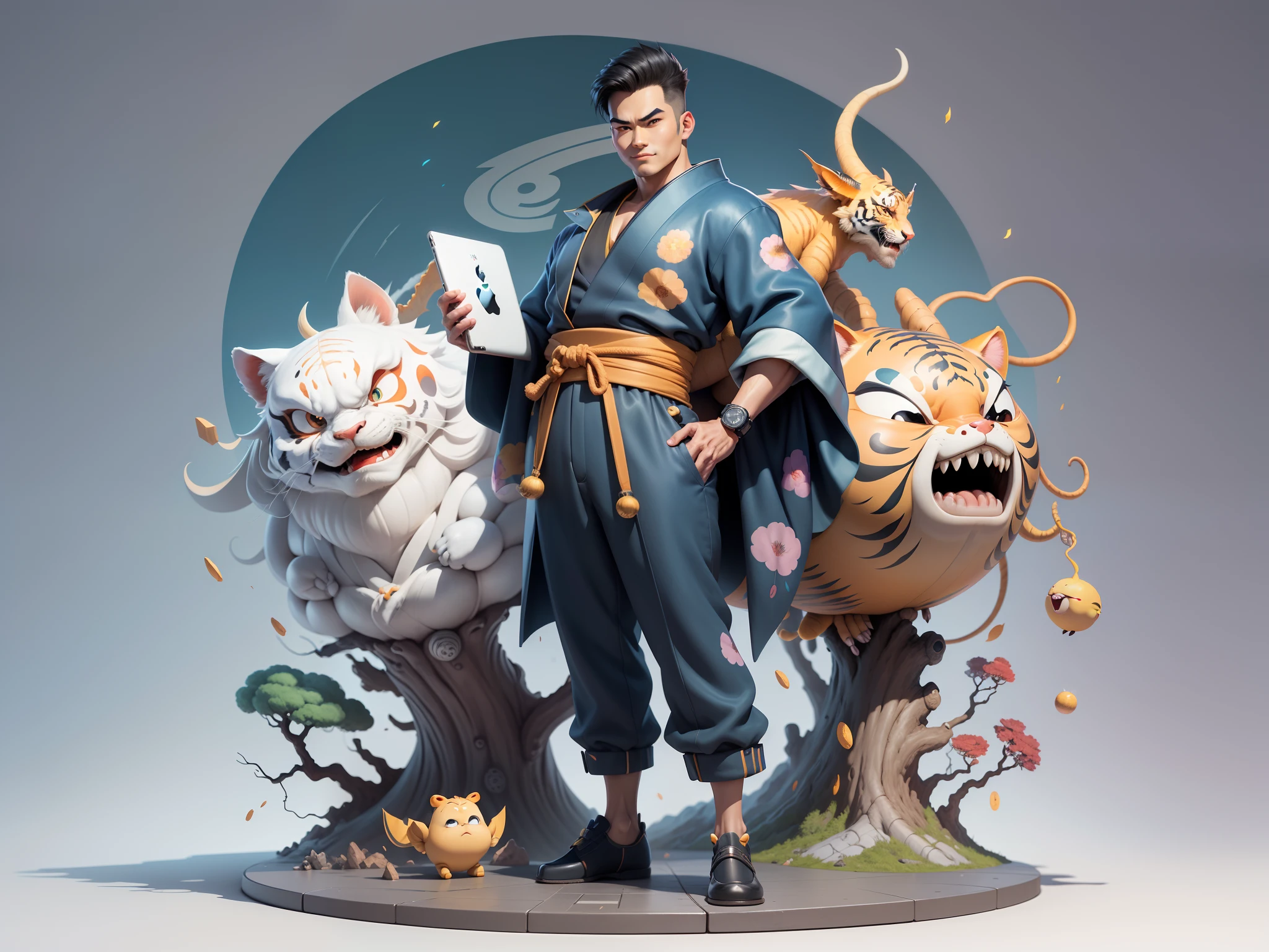 (Masterpiece), (Excellent), (Super Meticulous), (Full Body: 1.2), Super Young Man, Oriental Face, Japanese Kimono, Japanese Wind Thunder God, Dragon, Tiger, TV Anchor, Bust Portrait Illustration, Alone, Black Suit, Blue Tie, Slightly Chubby Face, Very Clean Face, No Beard, Black Super Short Hair, Black Eyes, Confident Smile, 3c Computer Sub-Products, iPad, iPhone, Digital Painting, 3D Character Design by Akira Toriyama and Mark Claireden and Pixar and Hayao Miyazaki, The illustration is a high-definition illustration in 4K resolution with very detailed facial features and cartoon-style visuals.