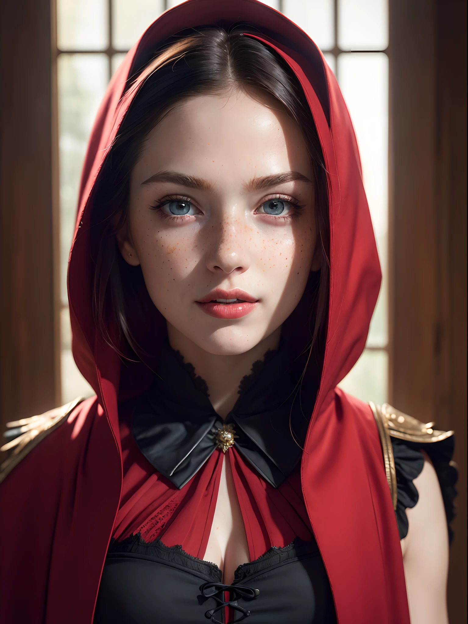 ((Masterpiece:1.4)), (high resolution:1.4), (close up:1.5), (dynamic pose), RedHoodWaifu, red ridinghood, blue eyes, (freckles), (red hood, cape, corset, dress), (red skirt:1), (fruit basket), beautifull smile, beautiful face, highly detailed skin, skin pores, (highly detailed face:1.1), (highly detailed eyes:1.1), realistic pupils, full face blush, full lips, (perfect anatomy:1.1), (perfect proportions:1.1), (photography:1.1), (photorealistic:1.1), volumetric lighting, dynamic lighting, real shadows, (highres:1.1), sharp focus, rembrandt lighting, (realistic, hyperrealistic:1.4), intricate, high detail, dramatic, subsurface scattering, big depth of field, vivid, polished, sharpened, ((full Sharp)), (extremely absurdres),16k hdr,