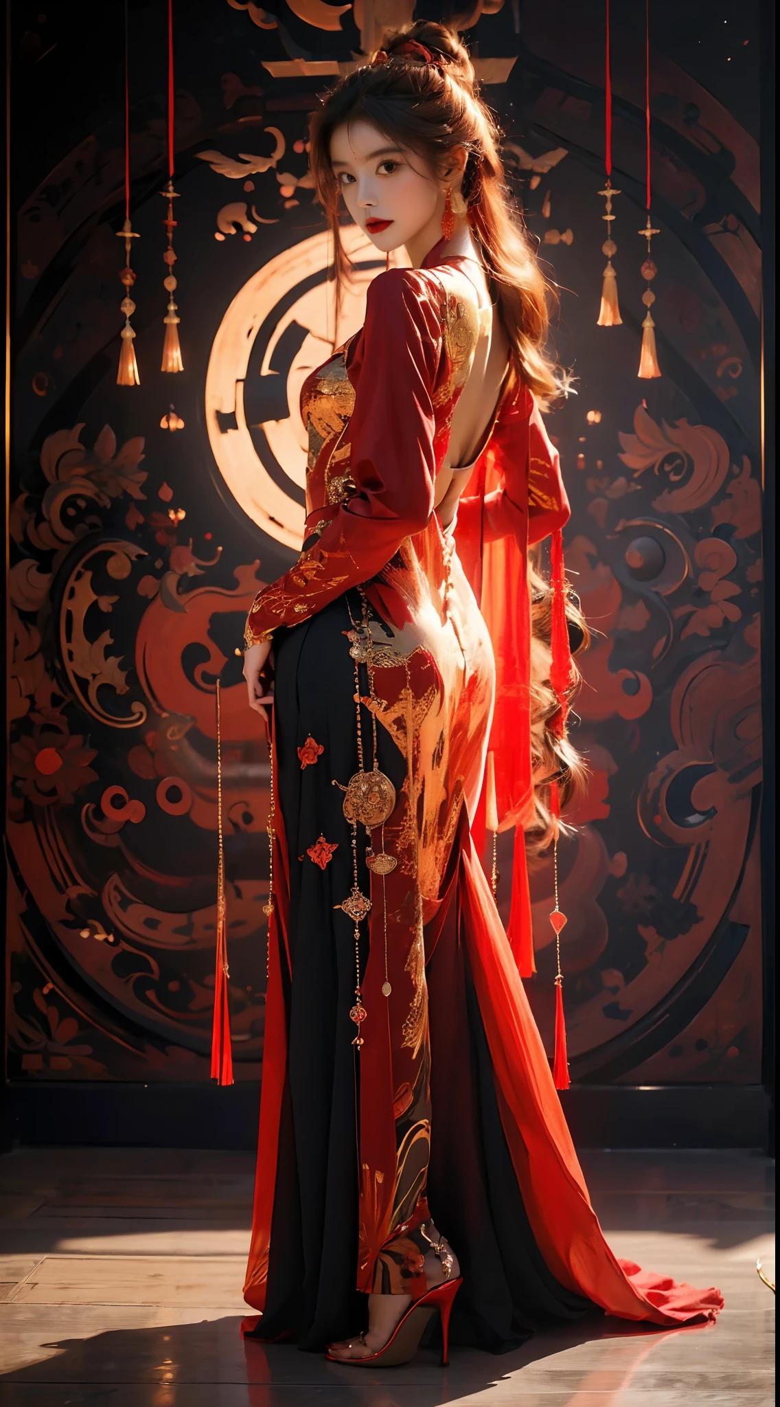 (abstract art:1.4), masterpiece, best quality, ultra high res, beautiful, visually stunning, (1girl:1.2), deep red theme, dark crimson, bleeding red, halo, looking at viewer
,full body,high heels,girl,nvshen,dunhuang,red and gold dress