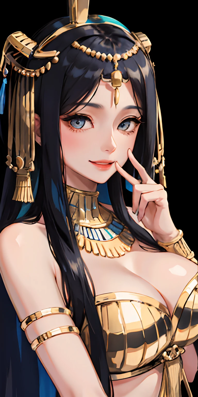realisticlying、Ancient Egypt、Girls in Cleopatra style、Clothing in the time of the pharaohs、Slightly emphasizes breasts and cleavage、Face Real、A sexy、Face smile、Breasts enlarged