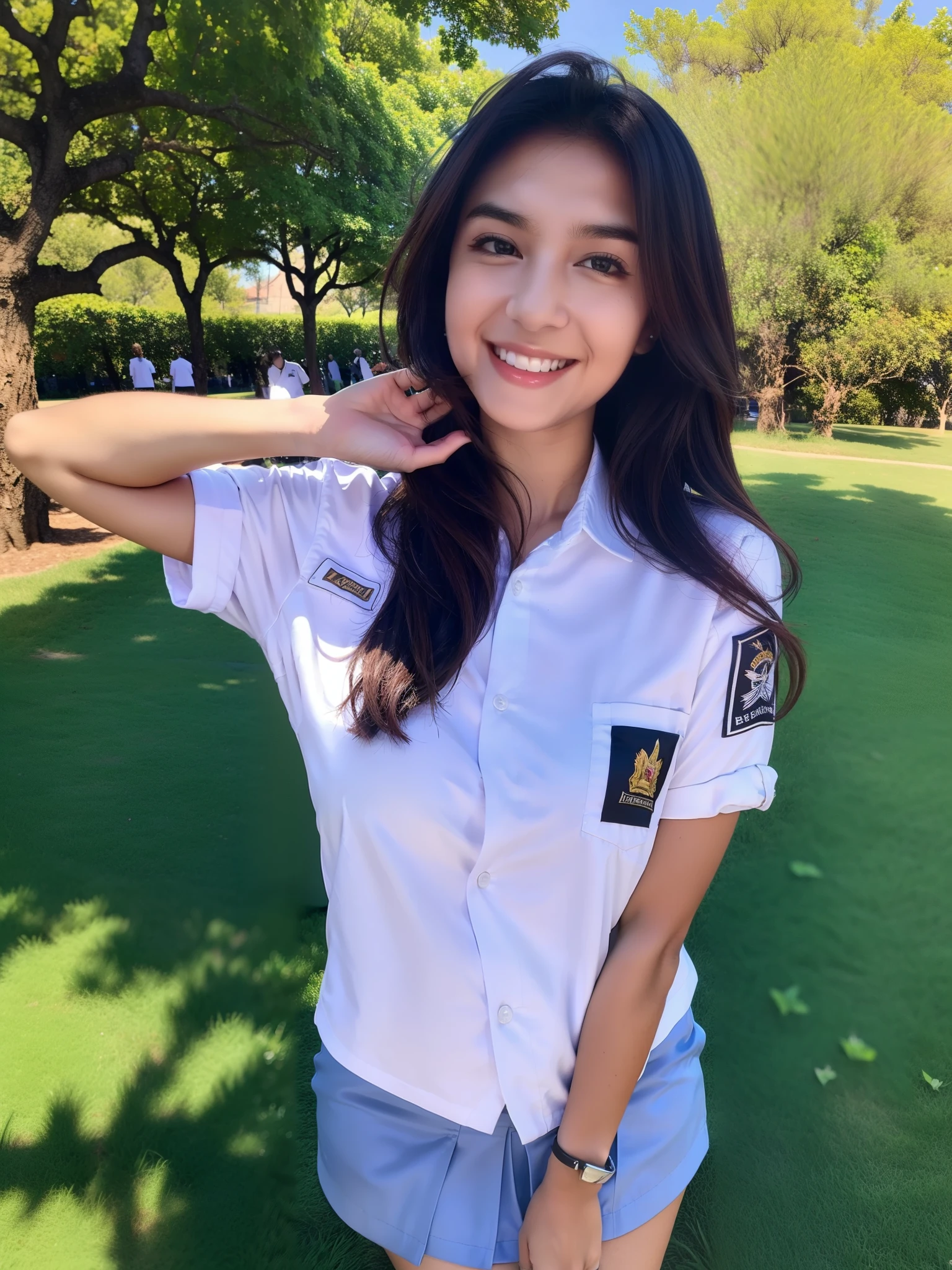 1girl, (uniform), outdoors, detailed face, detailed eyes, huge breasts, shiny skin, looking at the audience, (smiling cute: 1.2), (happy), (8k, RAW photo, best quality, masterpiece: 1.2), (realistic, realistic: 1.37), ultra-high resolution, intricate detail, highly detailed