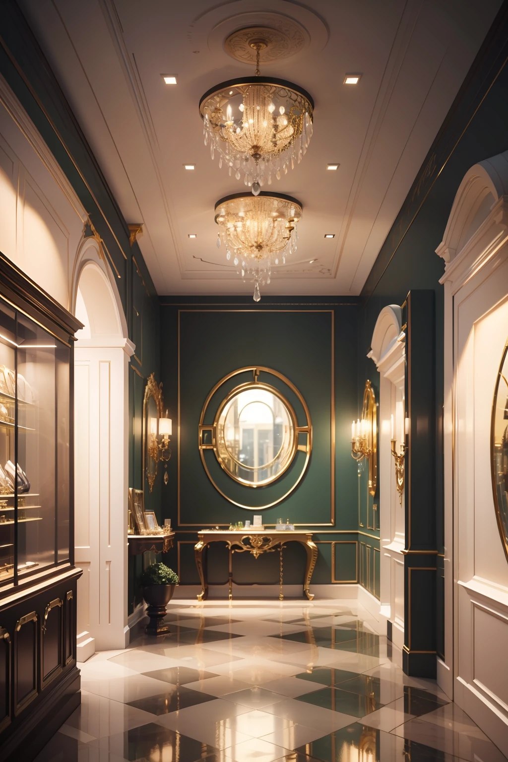 Jewelry store space design,High-end luxury décor,Center symmetrical composition,Green and gold are the main colors,Soft light effects,Cinematic lighting,a light luxury style,GUCCI,LV3D renderings