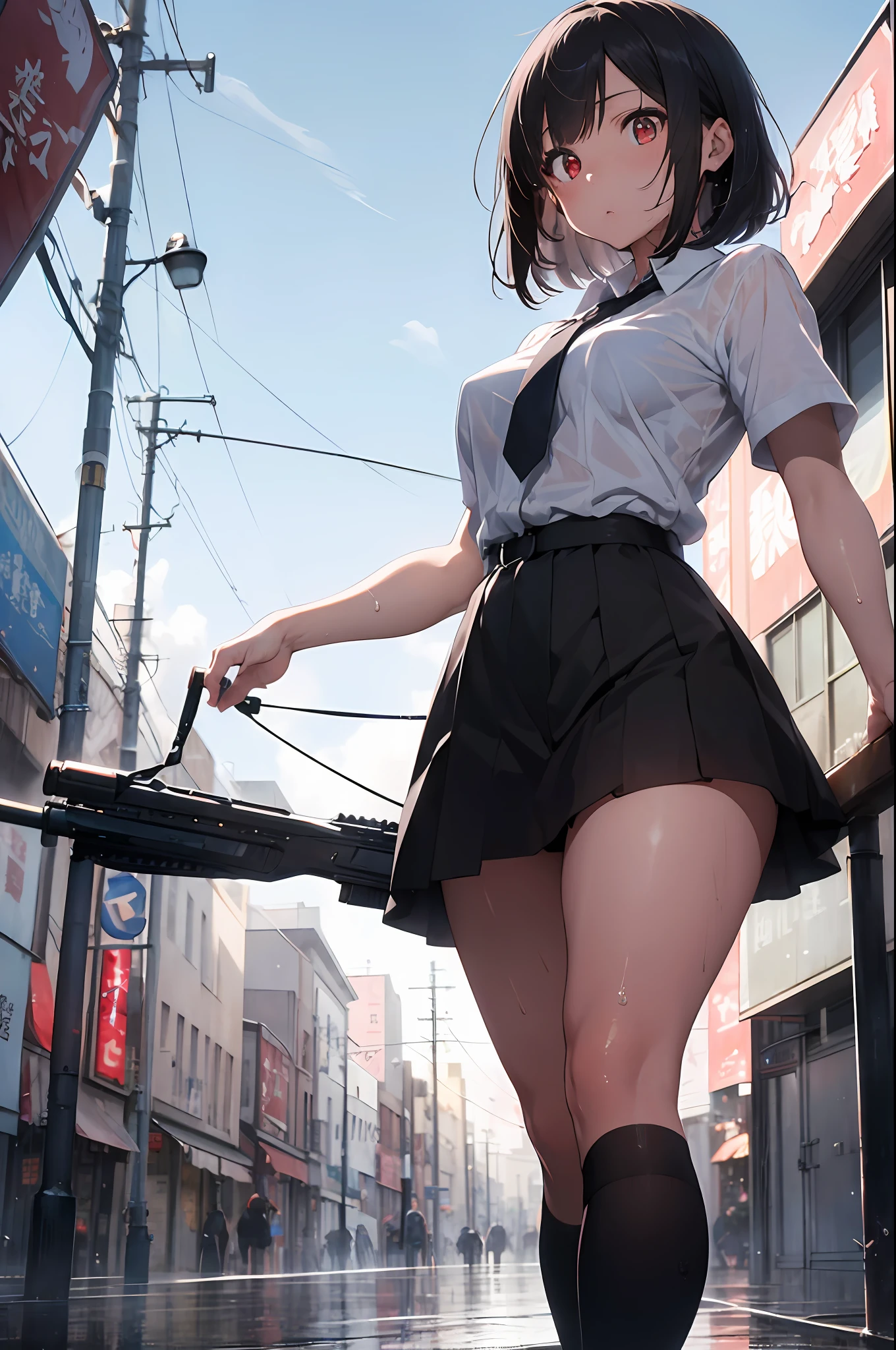 Sexy anime girl, sitting legs open, showing panties, skirt, school uniform, tie, short hair, masterpiece, wet, white eyes