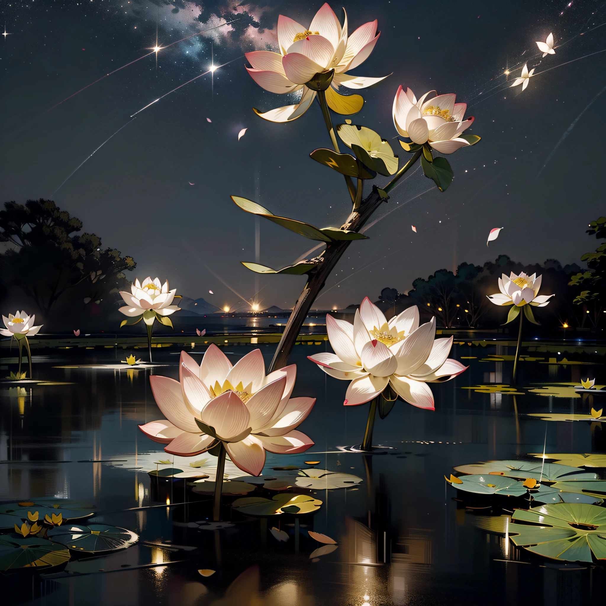 best quality, masterpiece, (realistic:1.2), lotus flower, hundred petals, glowing, in the night sky, full of stars, very detail, ultra-high resolution, ultra-high quality,