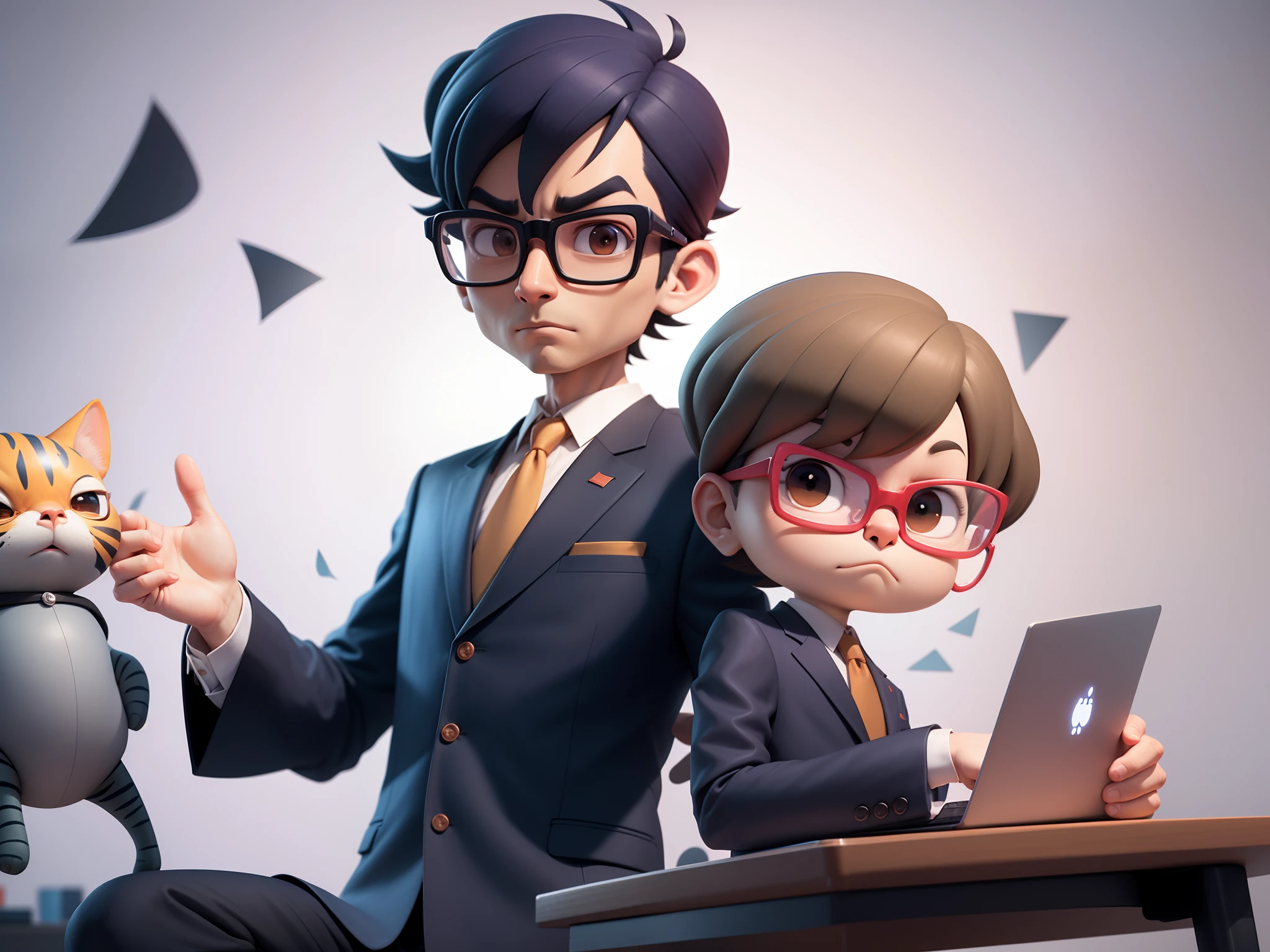 A young man in a suit, Short hair and glasses sat at his desk，holding laptop，digitial painting，tigre，3D character design by Mark Clairen and Pixar and Hayao Miyazaki and Akira Toriyama，4K HD illustration，Very detailed facial features and cartoon-style visuals。