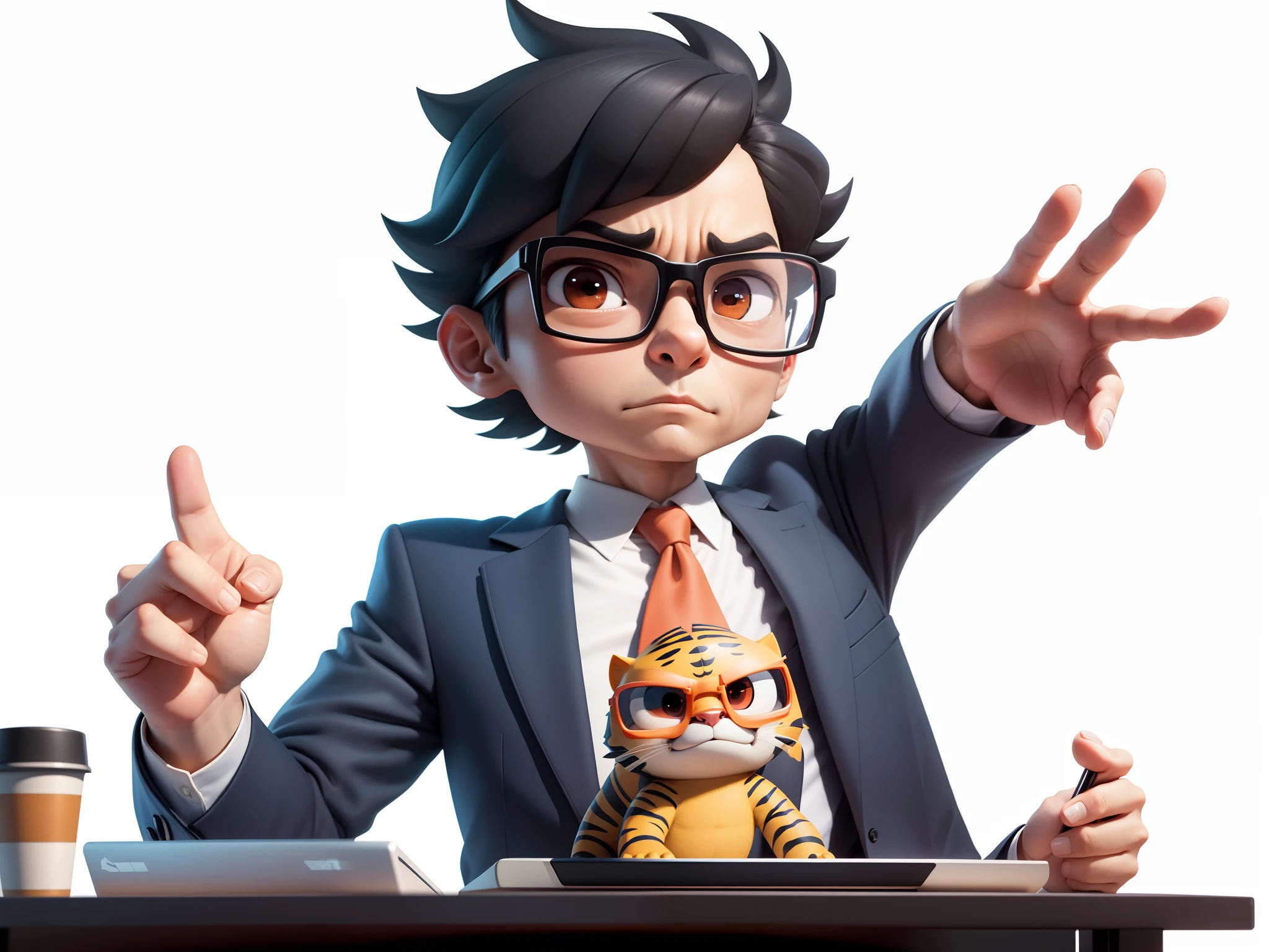 A young man in a suit, Short hair and glasses sat at his desk,holding laptop,digitial painting,tigre,3D character design by Mark Clairen and Pixar and Hayao Miyazaki and Akira Toriyama,4K HD illustration,Very detailed facial features and cartoon-style visuals。