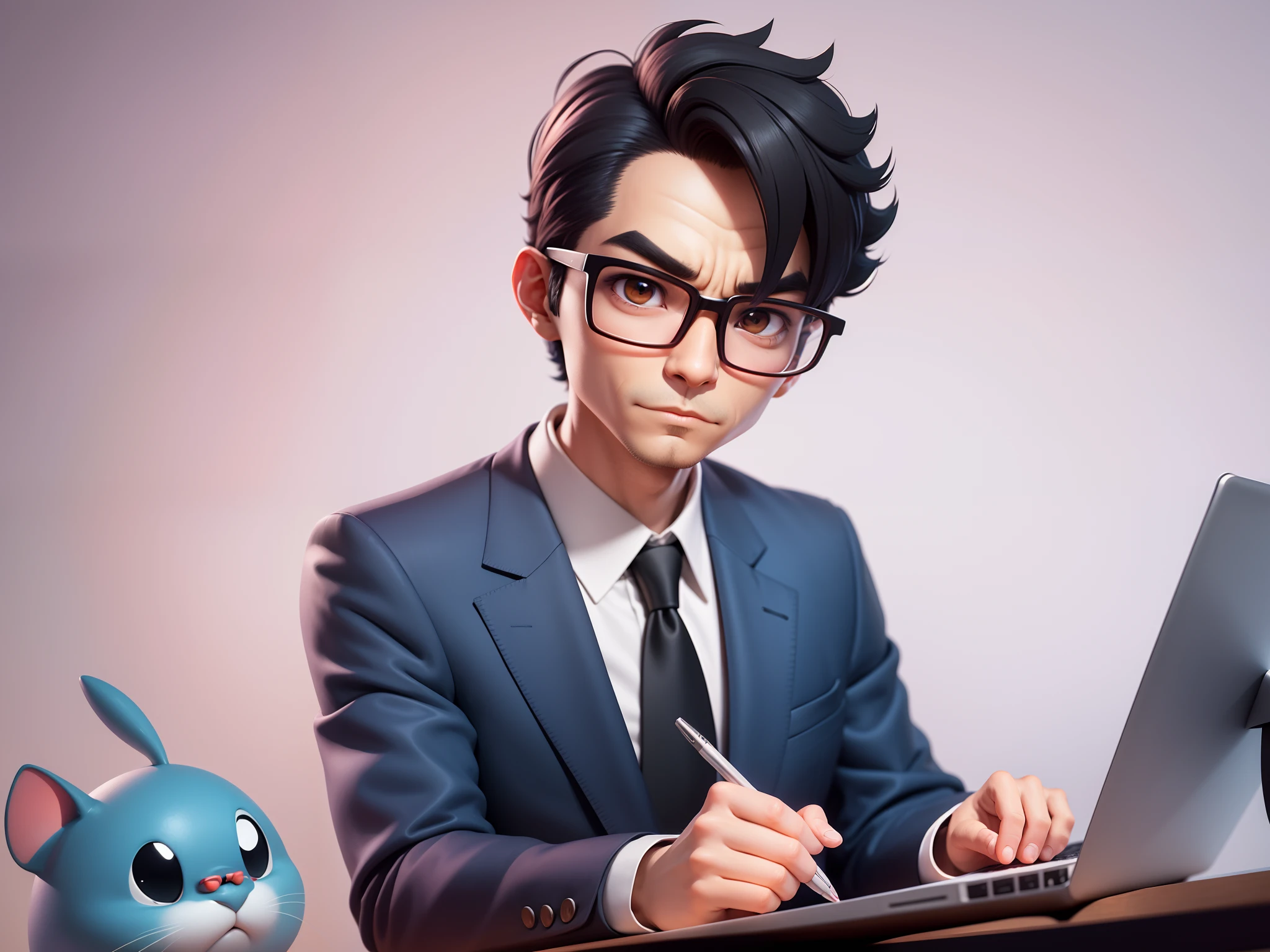 A young man in a suit, Short hair and glasses sat at his desk,holding laptop,digitial painting,tigre,3D character design by Mark Clairen and Pixar and Hayao Miyazaki and Akira Toriyama,4K HD illustration,Very detailed facial features and cartoon-style visuals。