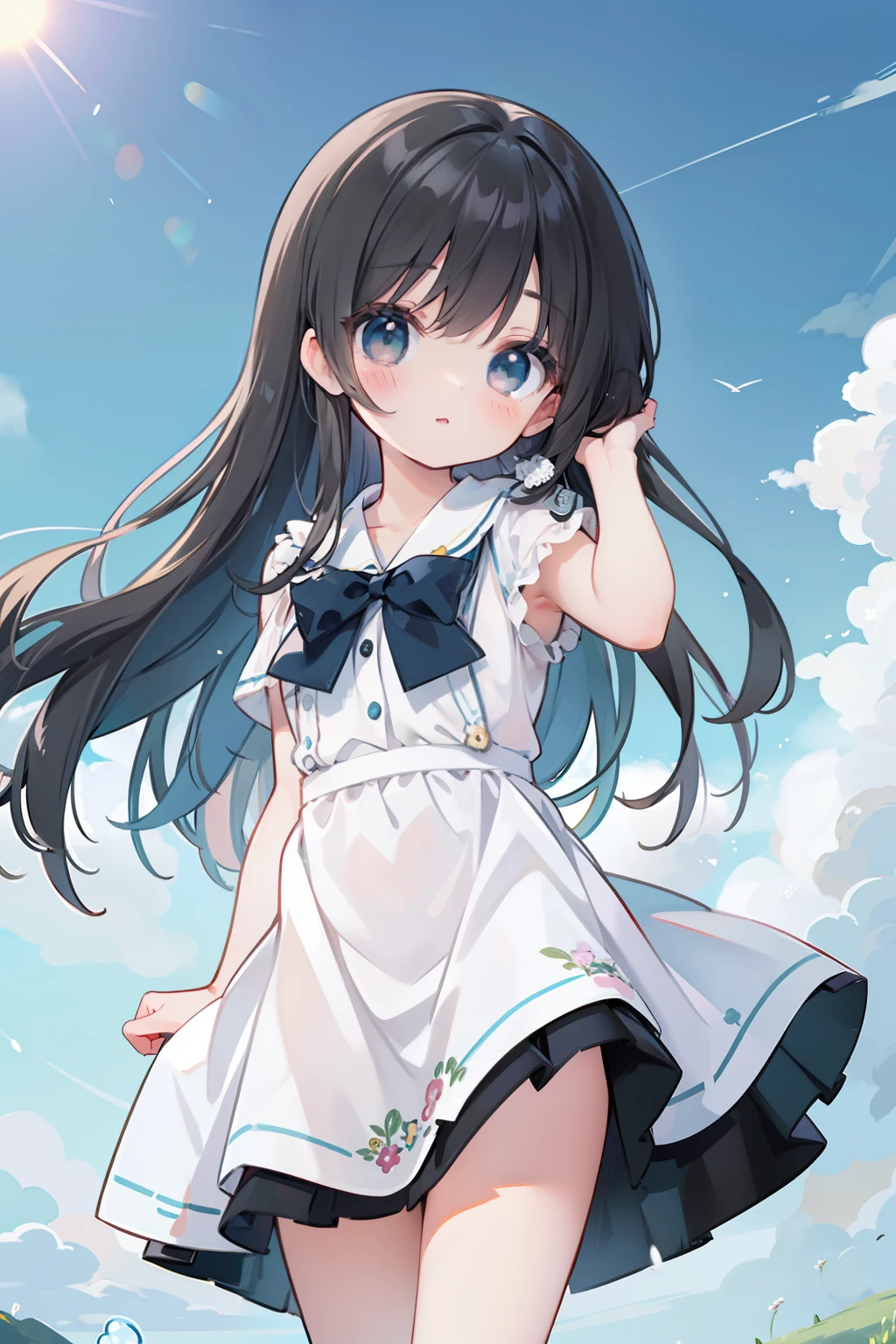 ((masterpiece)), ((best quality)), (ultra-detailed), ((kawaii)), cute, (lovely), illustration, chibi, green meadow, beautiful blue sky, white cumulonimbus, contrails, shining sun, daytime, summer, a cute girl, 1girl, solo, one-piece dress, beautiful black hair, beautiful black eyes, ((beautiful eyes)), long hair, light smile, meadow grass swaying in the wind,