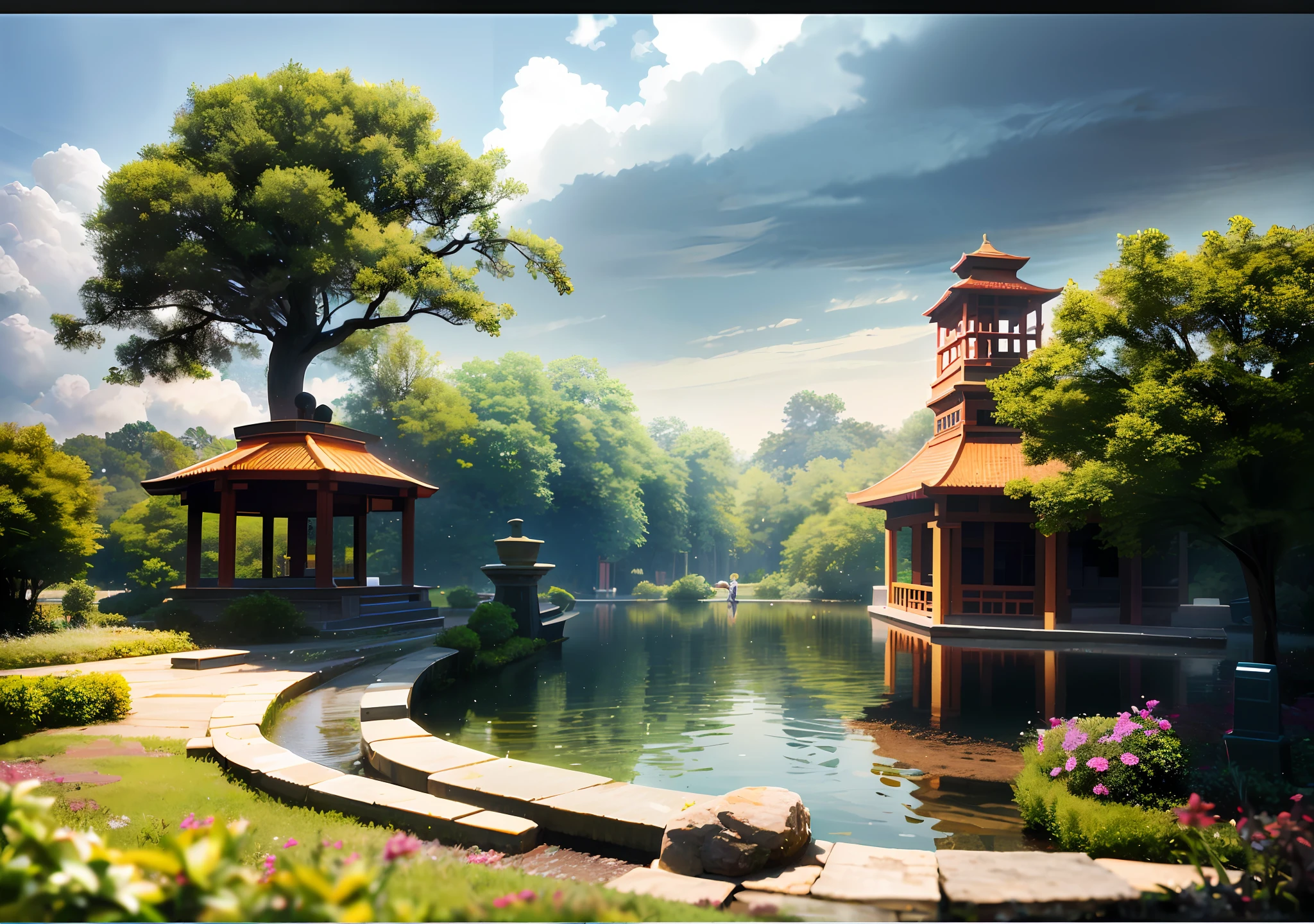 There is a gazebo in the middle of the pond,In the background is a gazebo, digital painting of a pagoda, royal garden background, royal garden landscape, 3d rendered matte painting, photoreal render, inspired by Evgeny Lushpin, rendered in enscape, rendered in arnold, inspired by Koson Ohara, rendered in corona, Detailed rendering