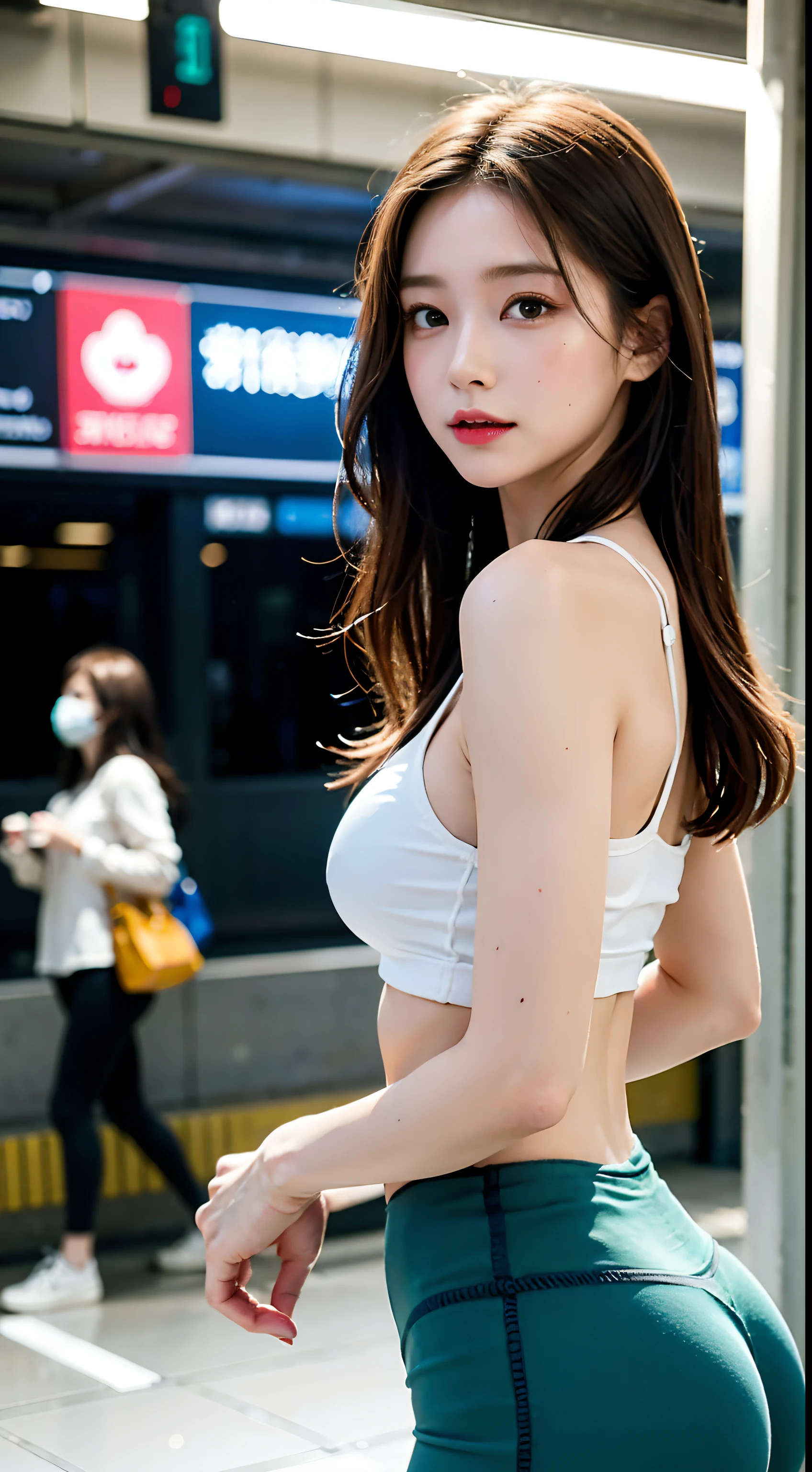 (realisticlying, high resolucion;:1.3), 1 girl with a perfect body, super fine face and eyes,Long Whitr hair, Tank tops in random colors:1.2, Short leggings, high-heel, tits huge,Cleavage exposure,(Eurasian jay:1.5)Masterpiece, best qualtiy, Raw-Photo, realisticlying, face, Unbelievably ridiculous resolution, depth of fields, high resolucion;, ultra - detailed, finedetail, very very detailed, extremely detailed eyes and face, sharp pupils, Realistic student, Clear Focus Lock, cinematic lightings, Whole body, Pretty legs, In the subway, Division between the legs, Look from behind