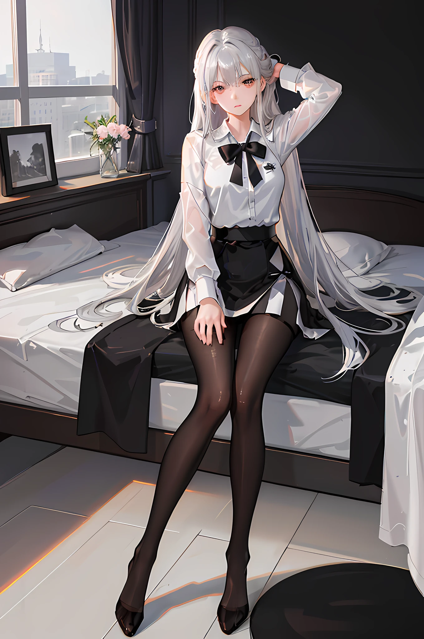 (((1 girl)),ray tracing,(dim lighting),[detailed background (bedroom)),((silver hair)),((silver hair)),(Fluffy silver hair, plump and slender girl))) with high ponytail))) Avoid golden eyes in the ominous bedroom ((((Girl wears a white shirt, black wrinkled skirt with black transparent pantyhose), showing a delicate slim figure and graceful curves, correct limbs, sitting on the bed with hands behind her head, Put both hands behind your head