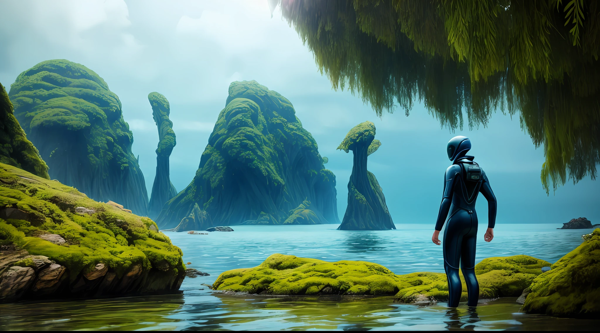 Humans in wetsuits,alien worlds,Alien plants,alien monster,an alien landscape