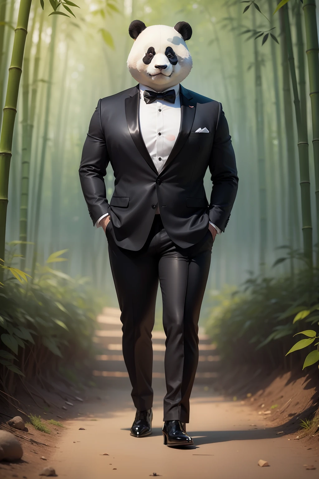 Realistic panda face person、the face is small、Wearing a stiff tuxedo、High heeled leather shoes、the tummy is not bulging、Very slender、Proud、boss、is standing、In the bamboo forest、Standing alone、Crisp body shape