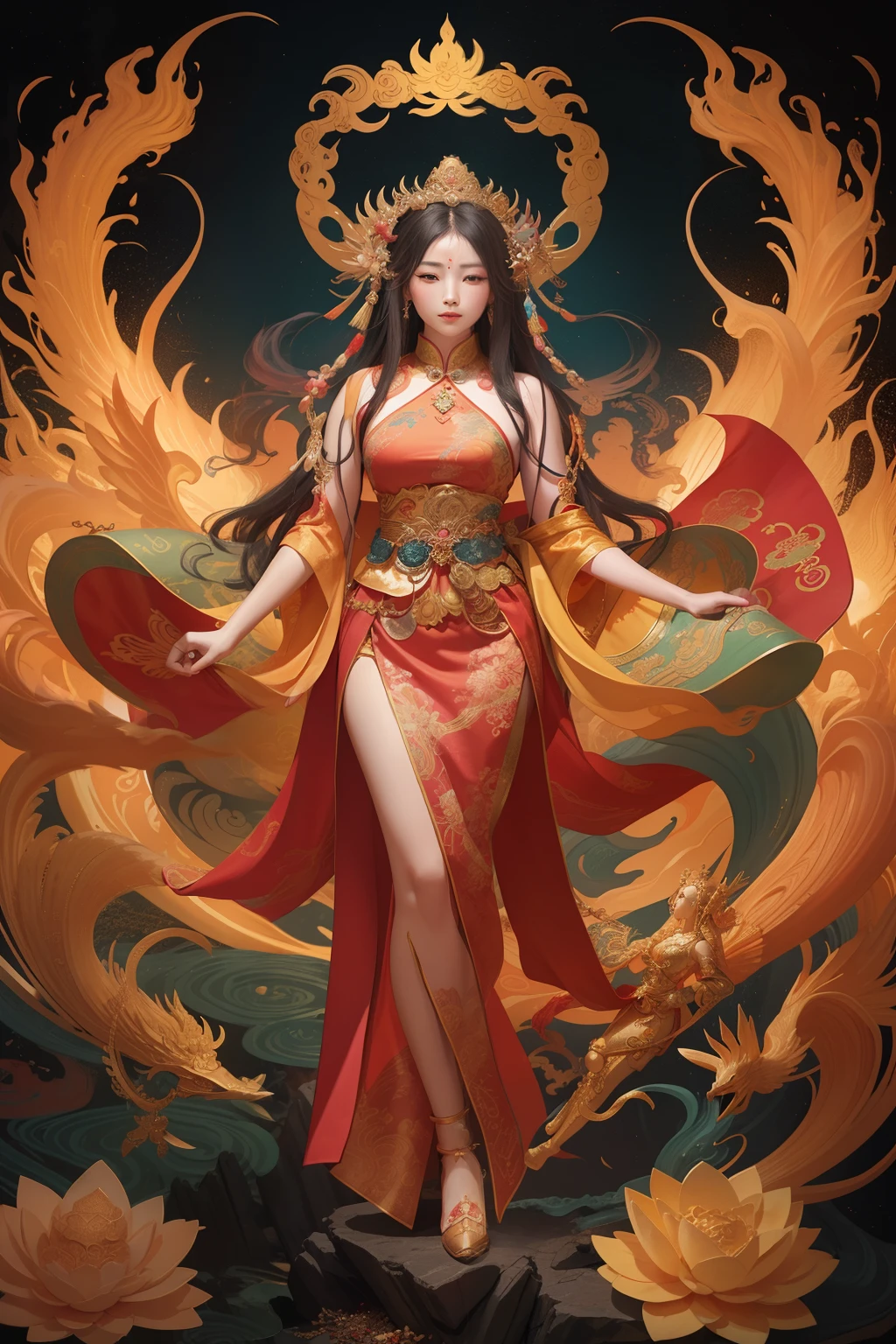 an ancient Chinese goddess, guanyin of the southern seas, Guanyin, Inspired by China, Avalokiteshvara rides a phoenix,,Serene expression,shui mo hua,Buddha,Buddhist,Lotus,Chinese painting style,Thangka style
