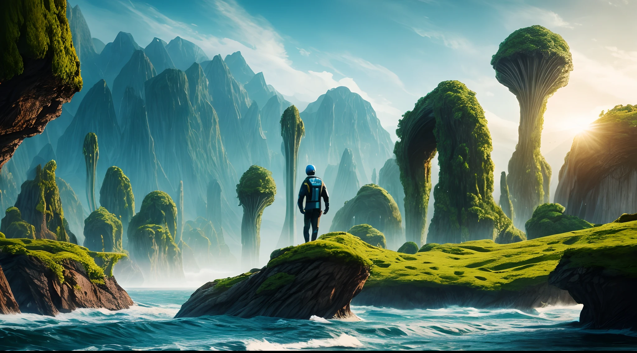 Humans in wetsuits,alien worlds,Alien plants,alien monster,an alien landscape