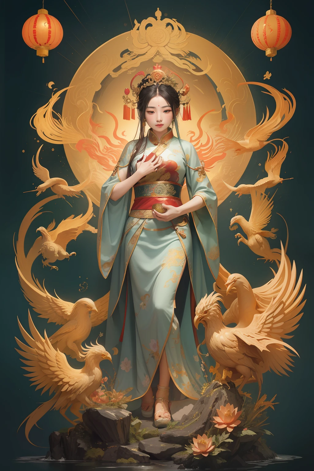 an ancient Chinese goddess, guanyin of the southern seas, Guanyin, Inspired by China, Avalokiteshvara rides a phoenix,,Serene expression,shui mo hua,Buddha,Buddhist,Lotus,Chinese painting style,Thangka style